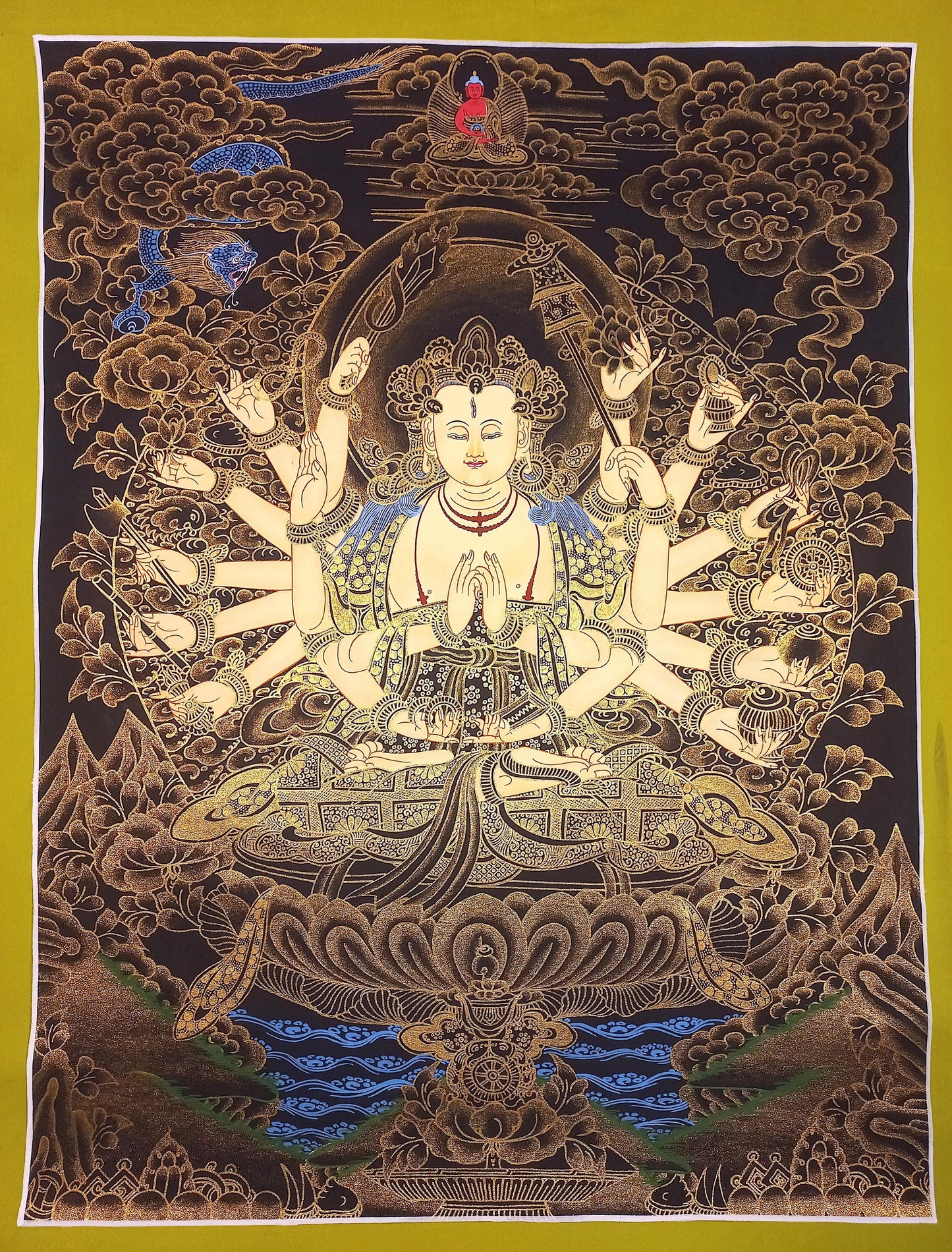 Hand-Painted Goddess Chundi Thangka Painting, Tibetan Buddhist Art
