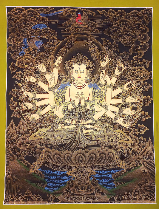 Hand-Painted Goddess Chundi Thangka Painting, Tibetan Buddhist Art