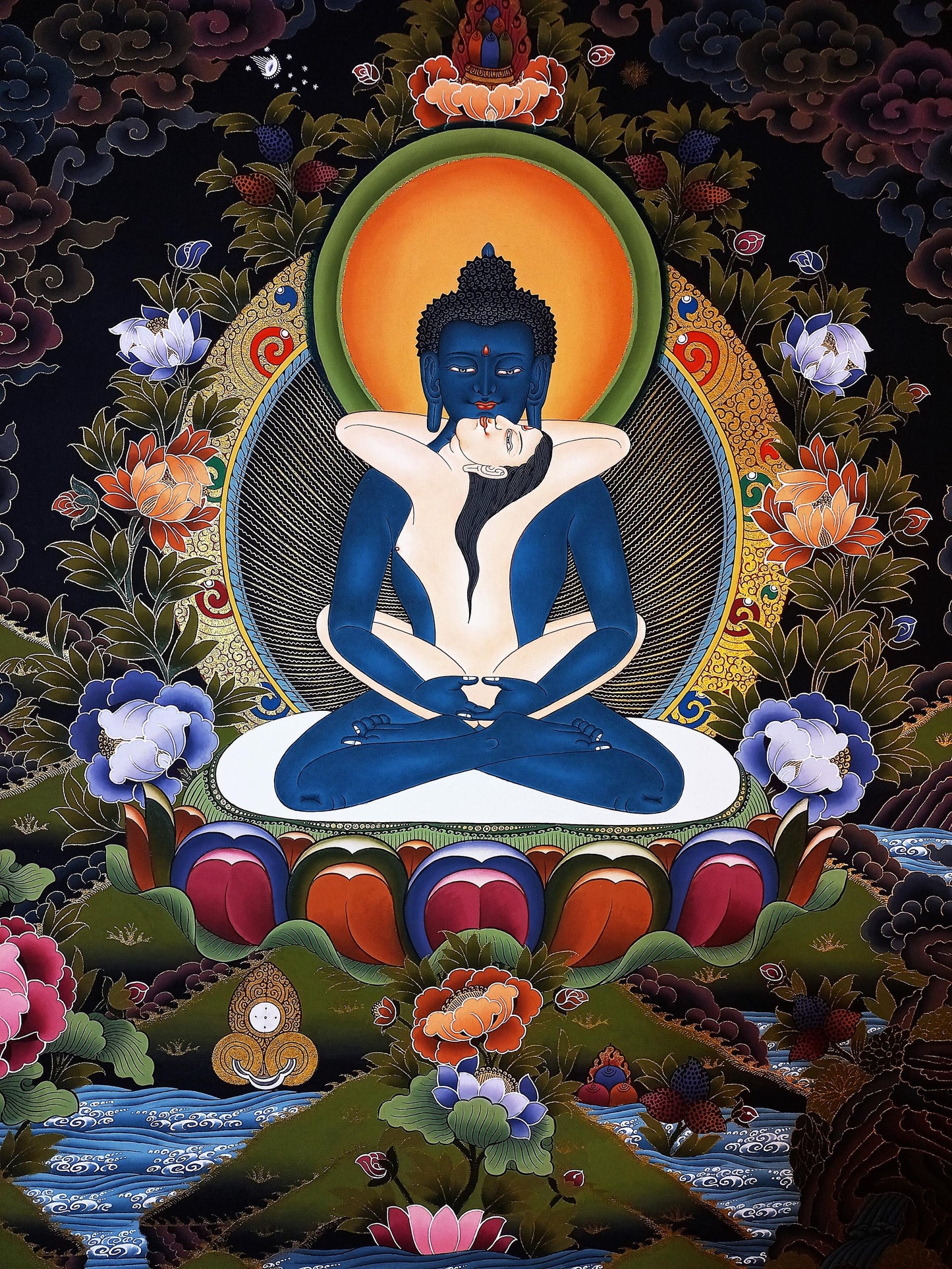 24K Gold Samantabhadra Thangka Painting - Tibetan Yab-Yum Art