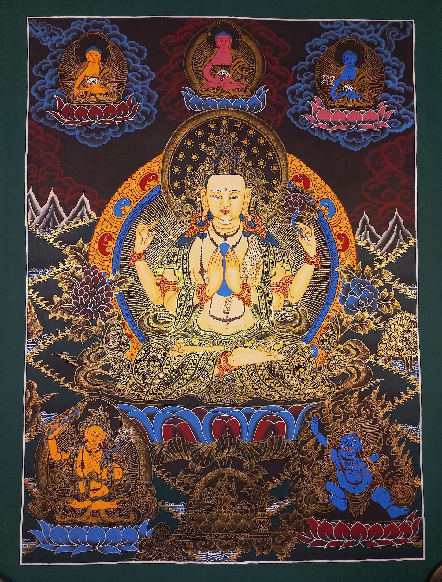 Hand Painted Chenrezig Thangka, Avalokiteshvara Buddha Art From Nepal (18x24-Inch)