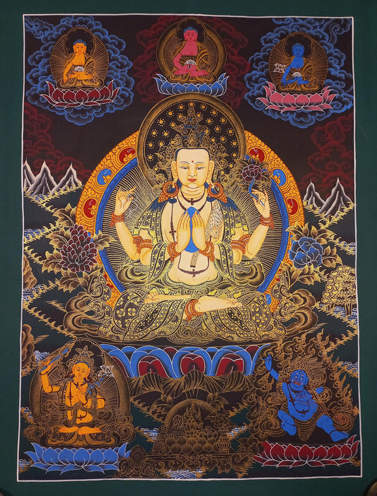 Hand Painted Chenrezig Thangka, Avalokiteshvara Buddha Art From Nepal (18x24-Inch)