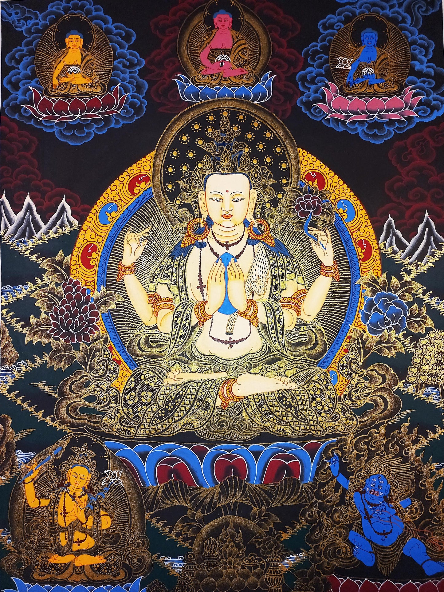 Hand Painted Chenrezig Thangka, Avalokiteshvara Buddha Art From Nepal (18x24-Inch)