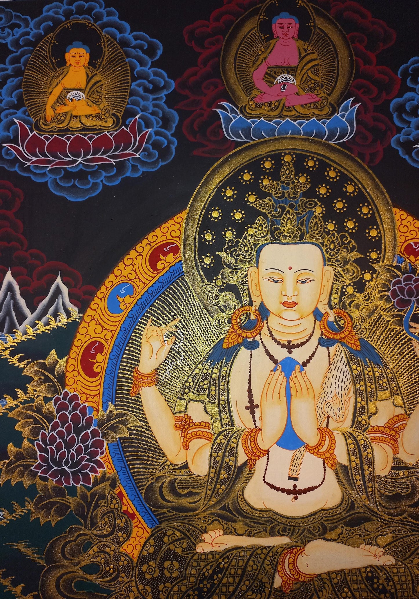 Hand Painted Chenrezig Thangka, Avalokiteshvara Buddha Art From Nepal (18x24-Inch)