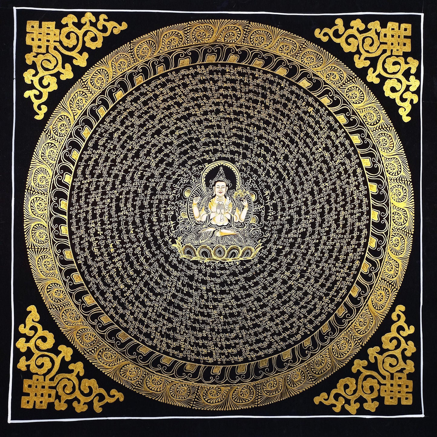 Hand-Painted Chenrezig Mandala, Black and Gold Tibetan Thangka Art
