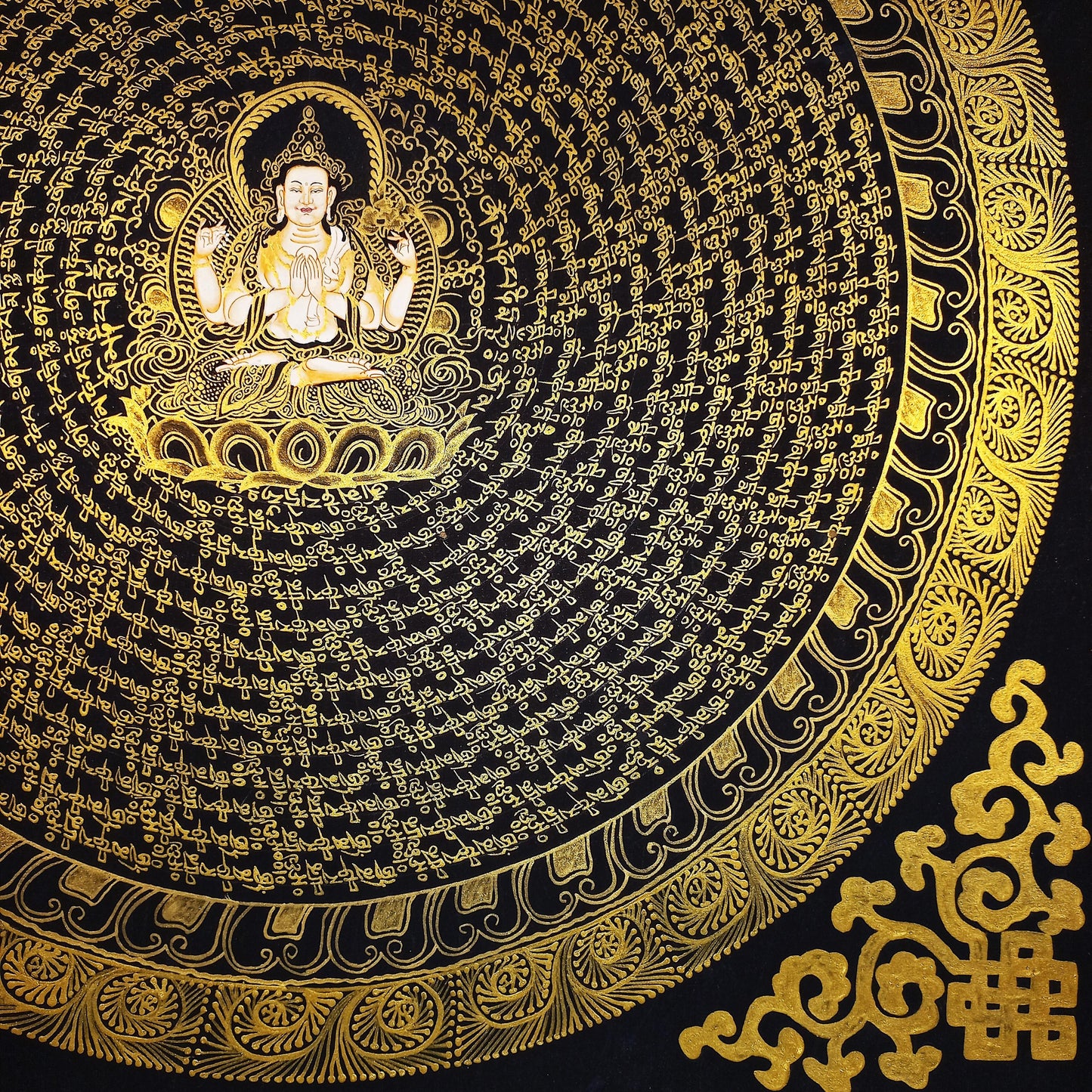 Hand-Painted Chenrezig Mandala, Black and Gold Tibetan Thangka Art