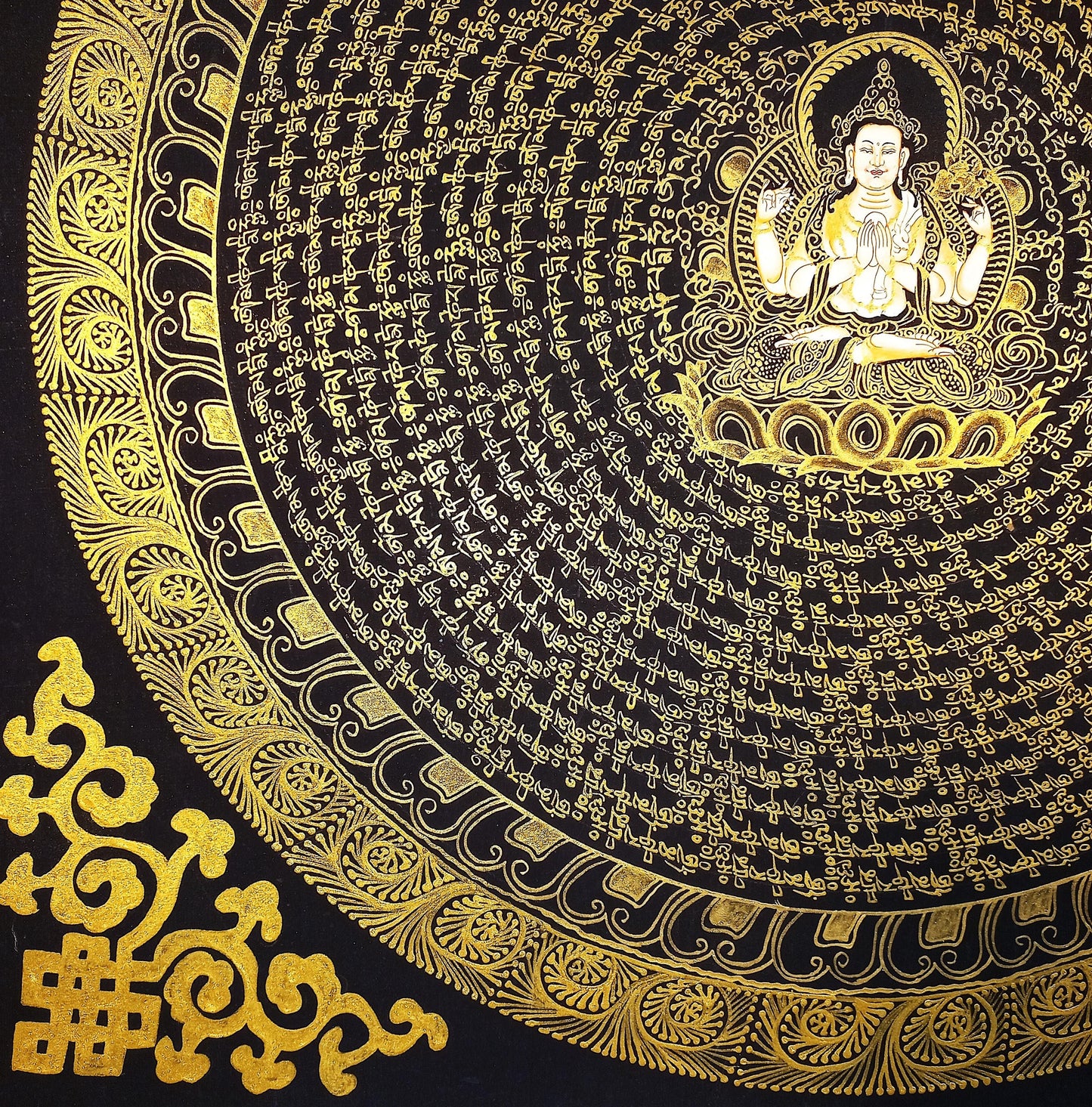 Hand-Painted Chenrezig Mandala, Black and Gold Tibetan Thangka Art