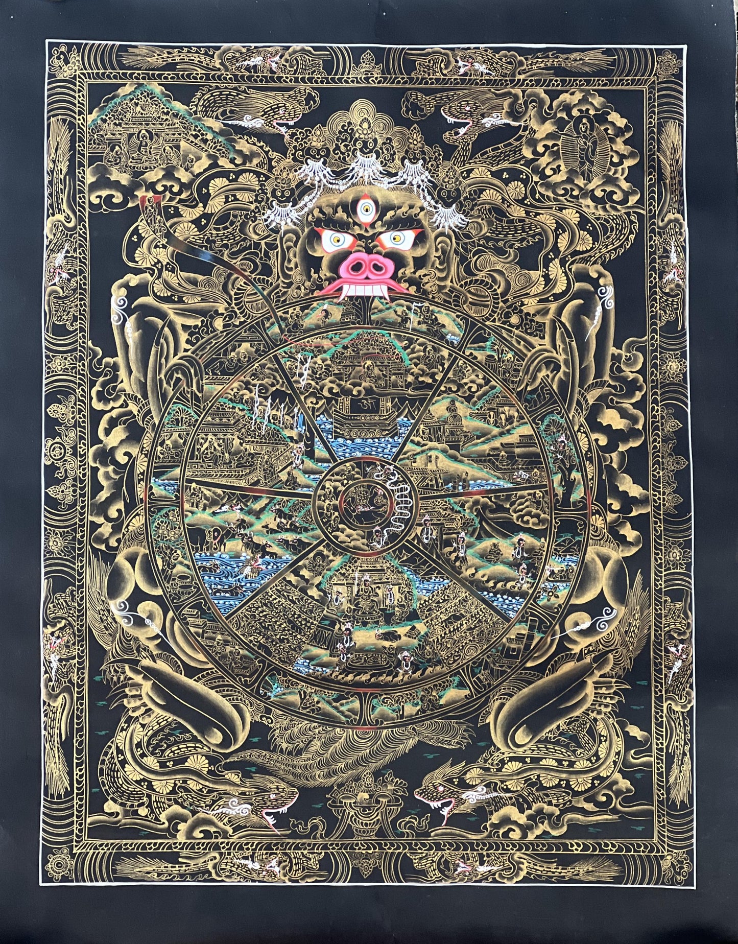 Hand-Painted Wheel of Life Thangka, Black and Gold Mandala Art (18x24-Inch)
