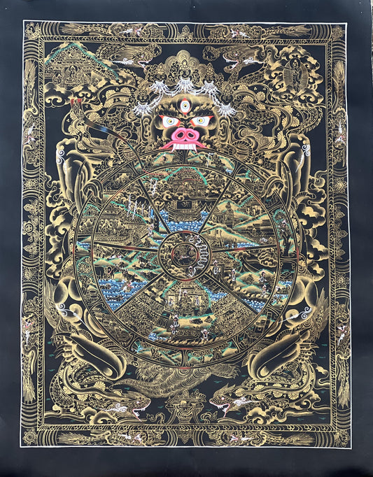 Hand-Painted Wheel of Life Thangka, Black and Gold Mandala Art (18x24-Inch)