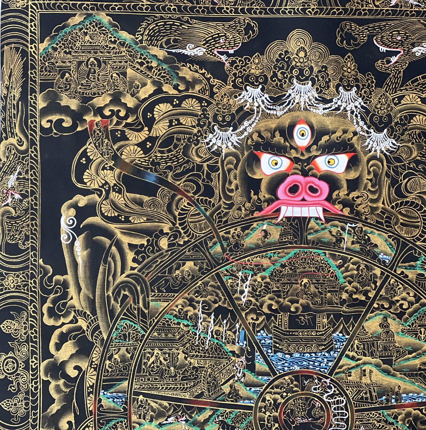 Hand-Painted Wheel of Life Thangka, Black and Gold Mandala Art (18x24-Inch)
