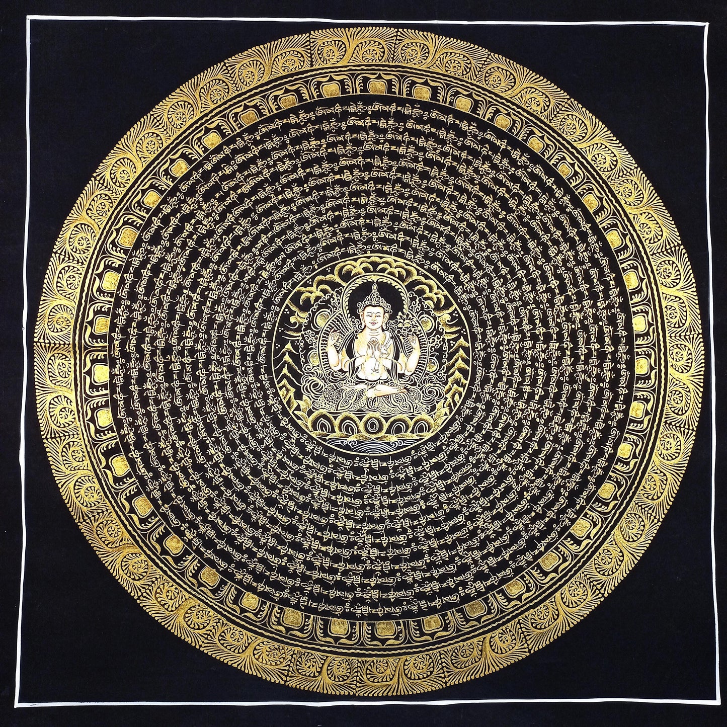 Hand-Painted Chenrezig Mandala, Black & Gold Tibetan Thangka, 20x20 Inch