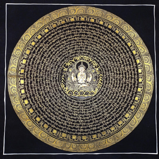 Hand-Painted Chenrezig Mandala, Black & Gold Tibetan Thangka, 20x20 Inch