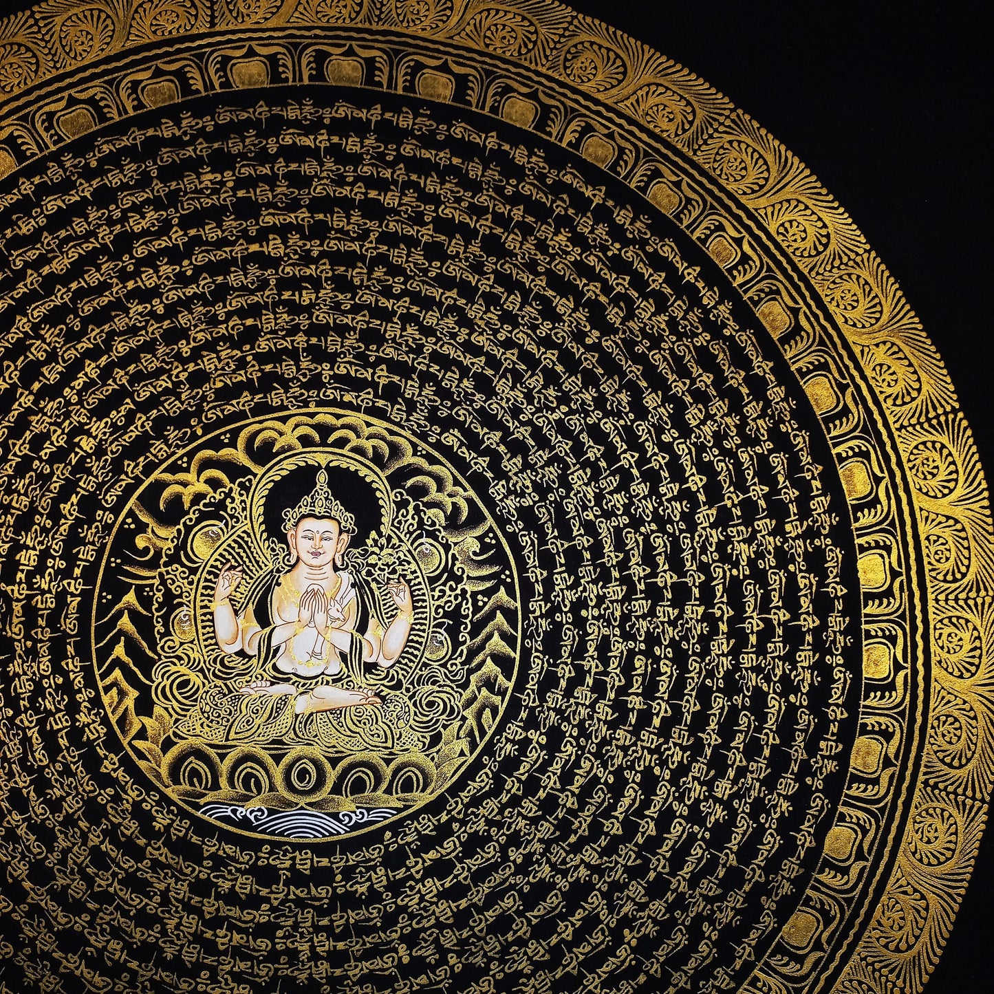 Hand-Painted Chenrezig Mandala, Black & Gold Tibetan Thangka, 20x20 Inch