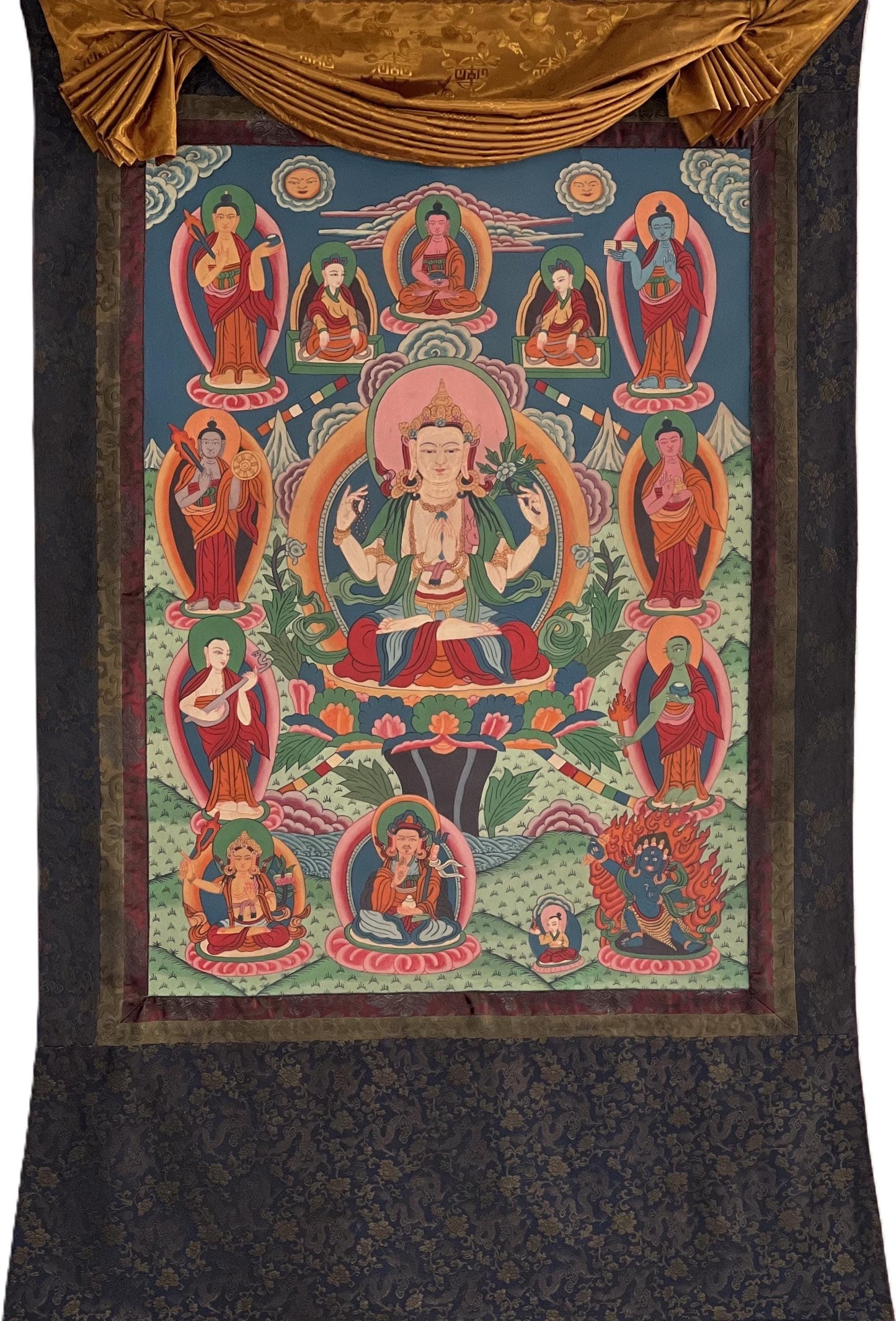 Vintage Large Four-Armed Chenrezig Thangka with Silk Brocade - Hand-Painted Tibetan Compassion Bodhisattva Art