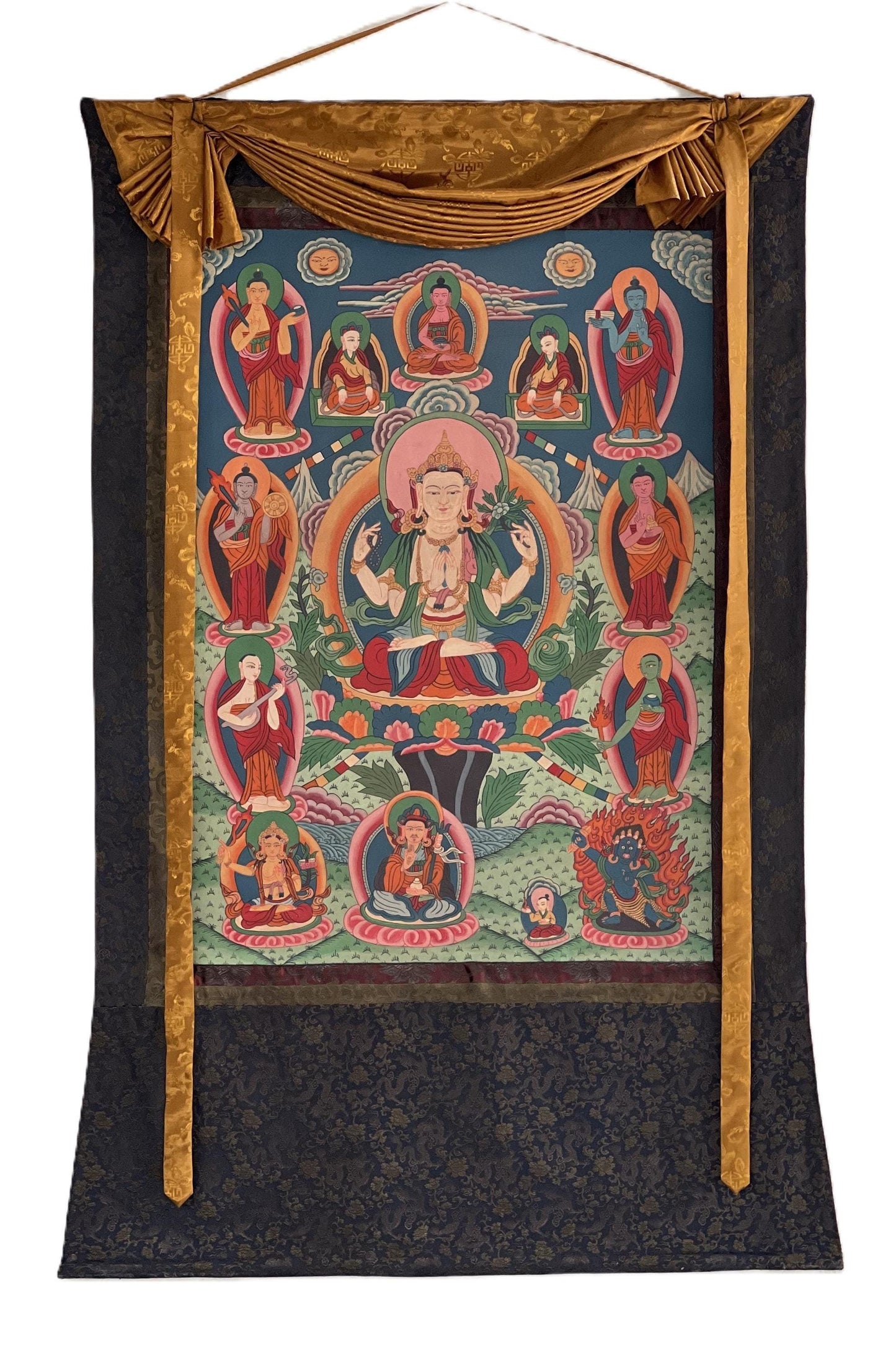 Vintage Large Four-Armed Chenrezig Thangka with Silk Brocade - Hand-Painted Tibetan Compassion Bodhisattva Art