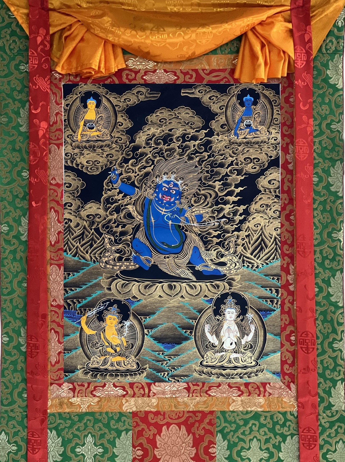 Vajrapani Thangka Painting | Hand-Painted Tibetan Protector with Silk Brocade