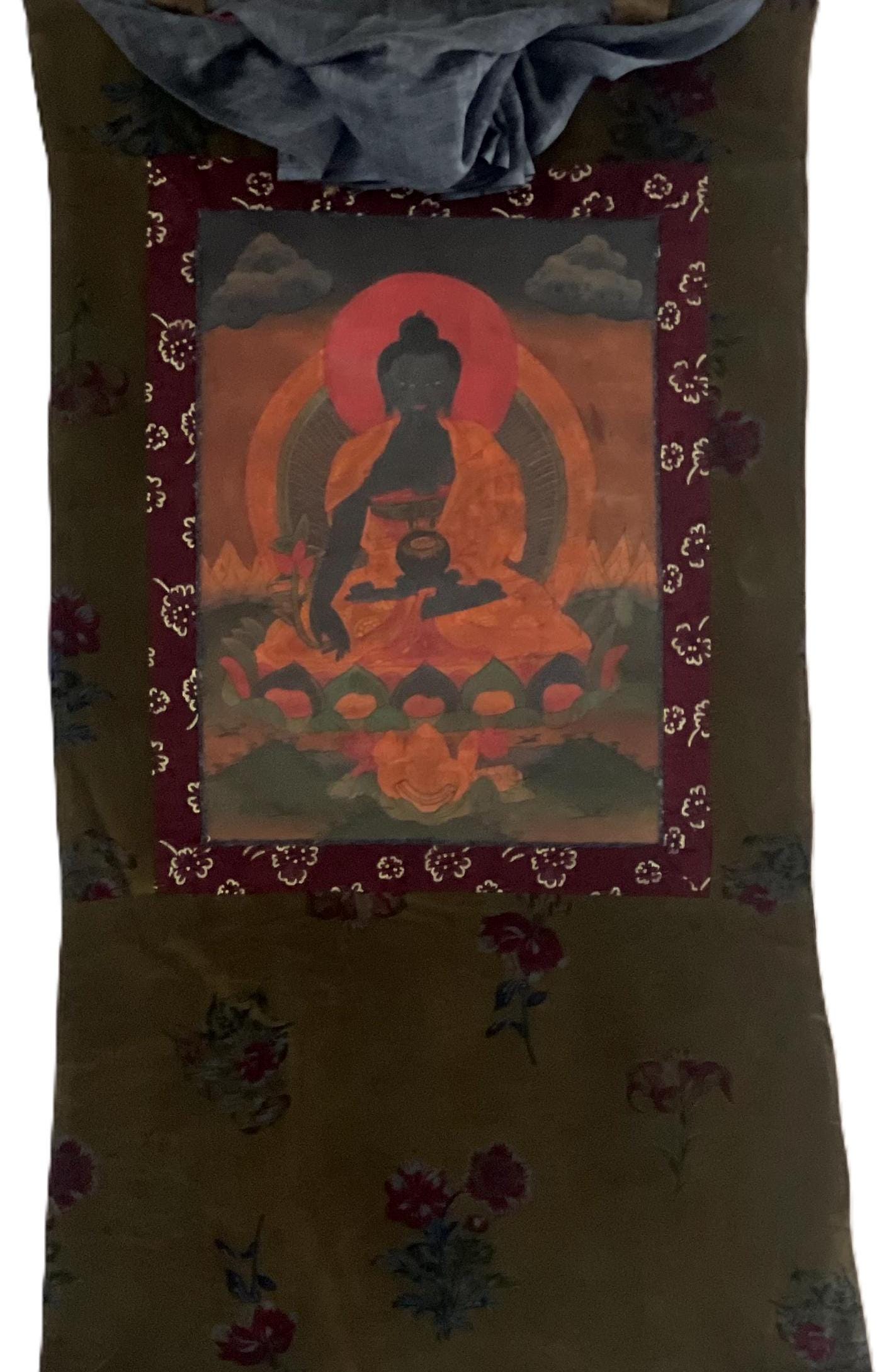 Antique Medicine Buddha Thangka Painting, Tibetan God of Healing