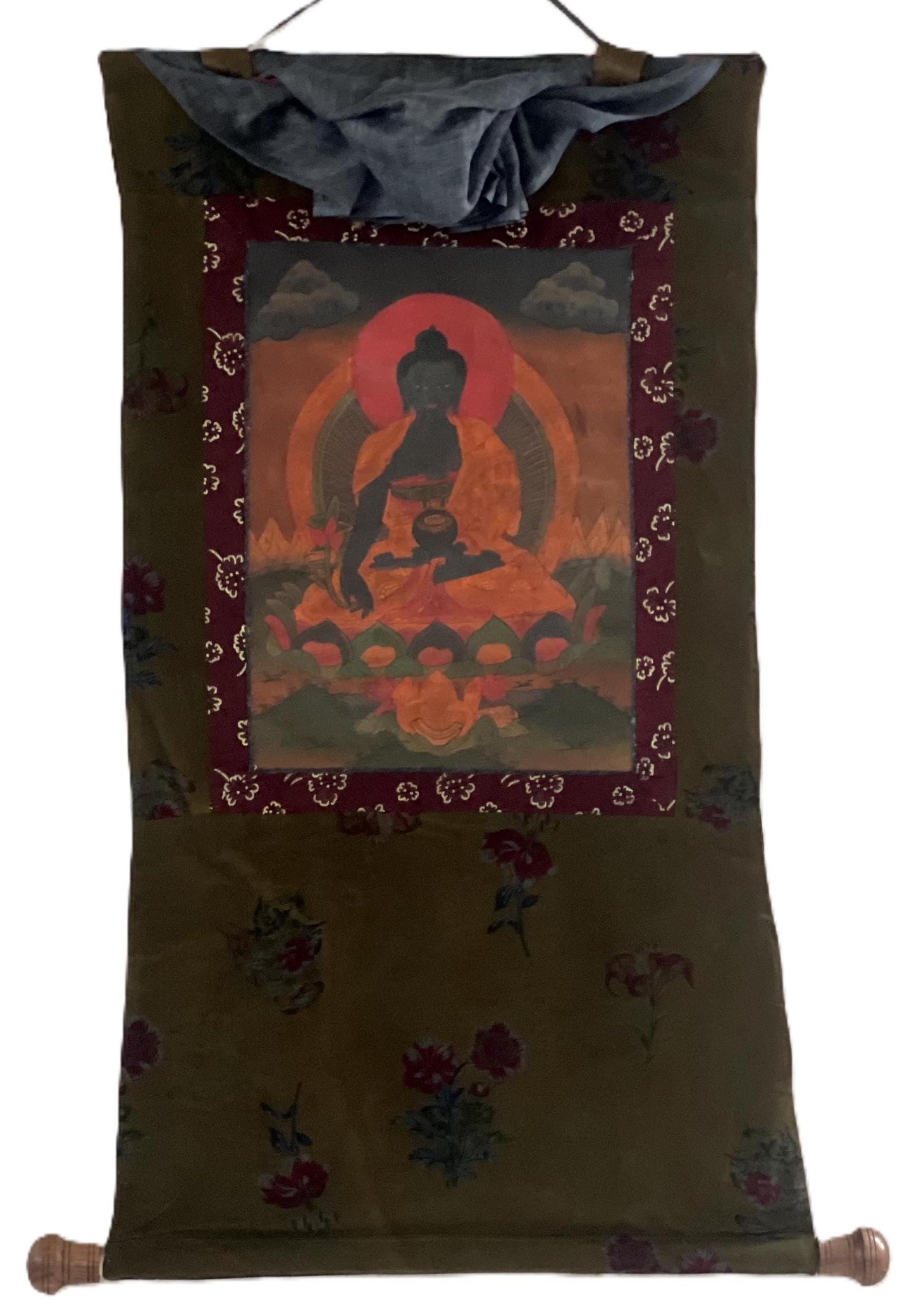 Antique Medicine Buddha Thangka Painting, Tibetan God of Healing