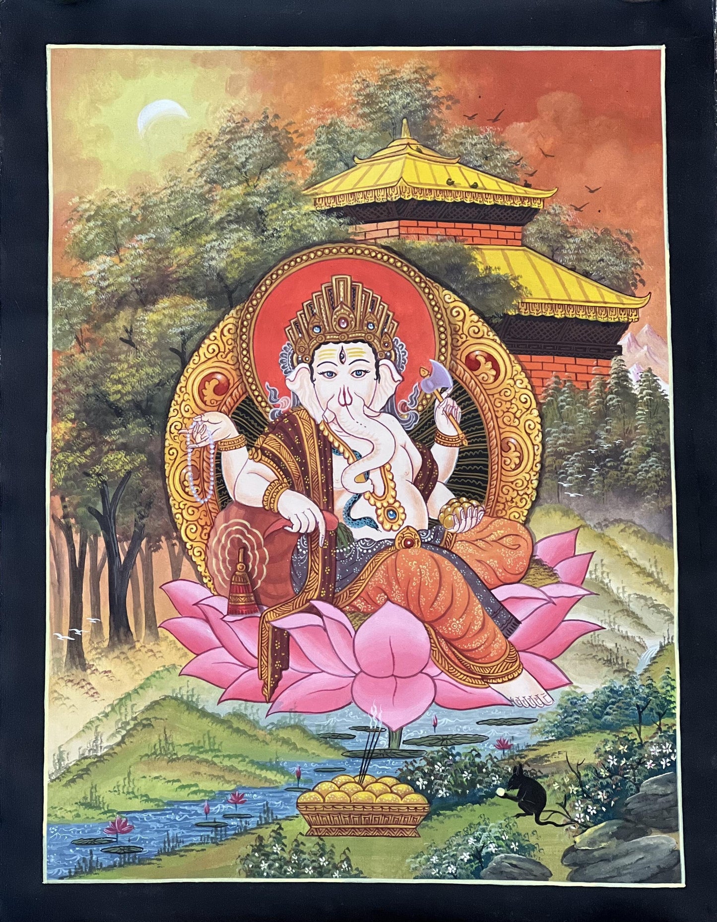 Original Hand-Painted Four-Armed Ganesha Thangka | Hindu Art Masterpiece | Newari Paubha Style Ganapati Painting