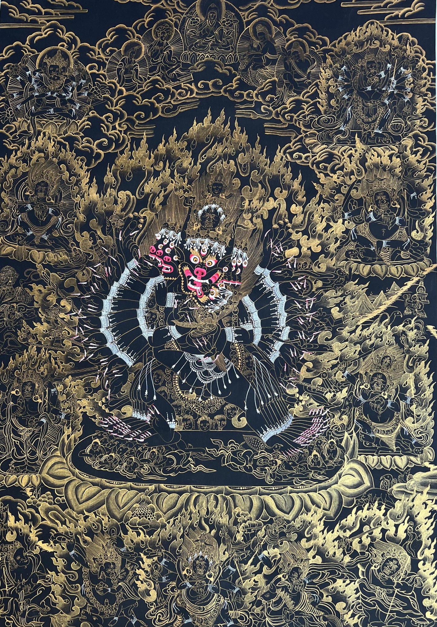 Hand-Painted Yamantaka Thangka – Large Black & Gold Tibetan Buddhist Art