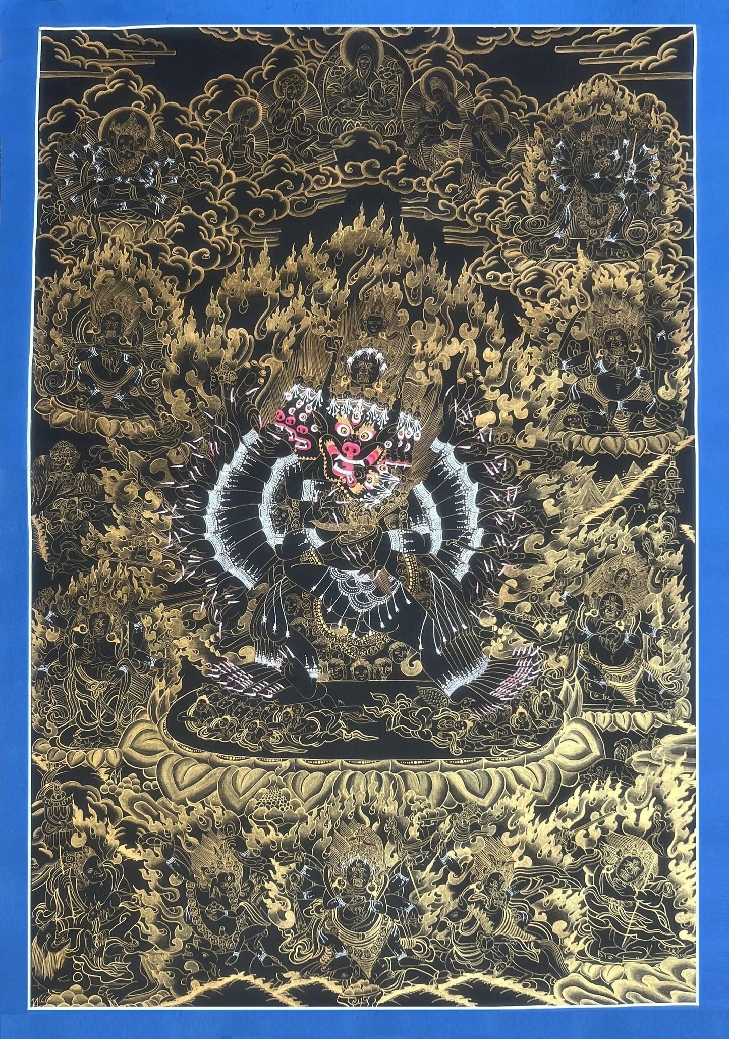 Hand-Painted Yamantaka Thangka – Large Black & Gold Tibetan Buddhist Art