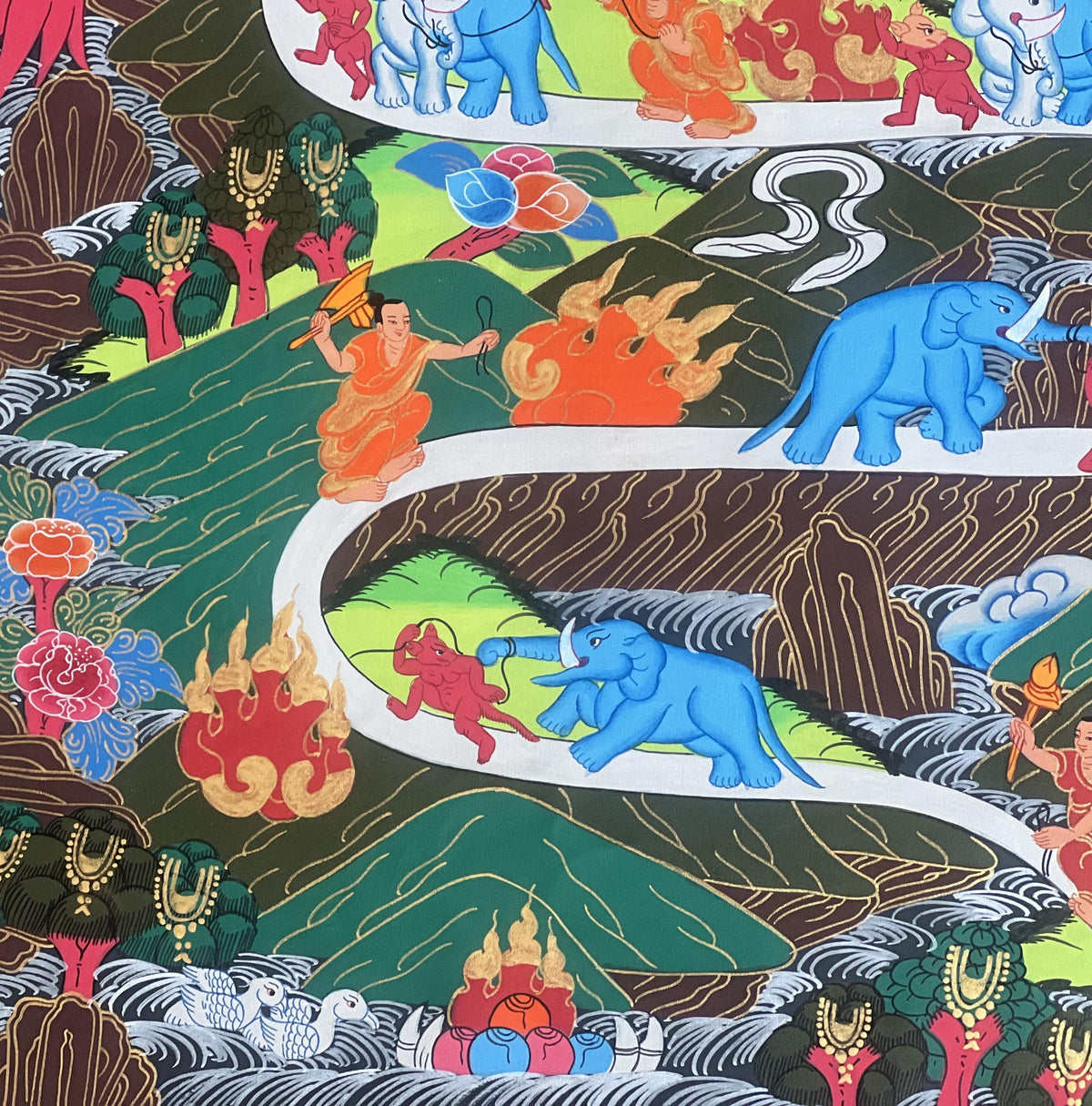 Samatha Meditation Original Tibetan Thangka Painting  Nine Stage Elephant Path to Nirvana