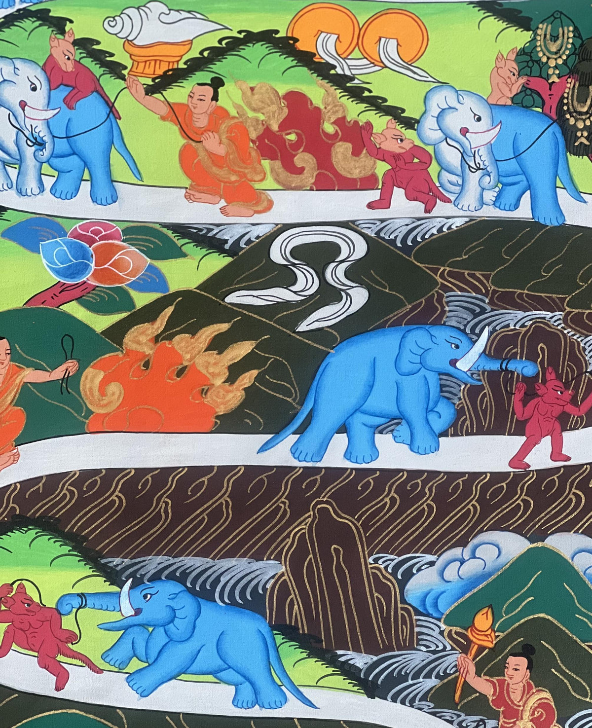 Samatha Meditation Original Tibetan Thangka Painting  Nine Stage Elephant Path to Nirvana