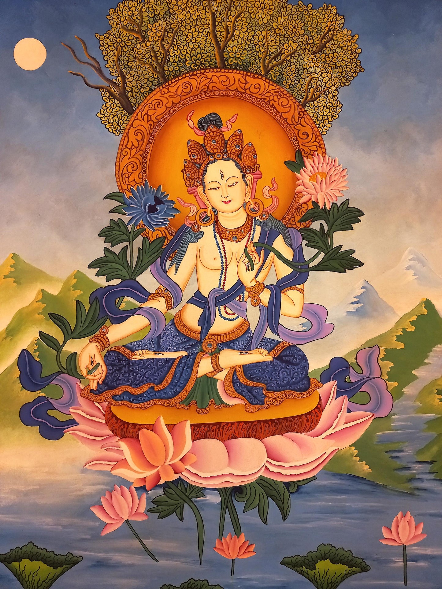 Hand-Painted White Tara Thangka: Newari Buddhist Art from Nepal