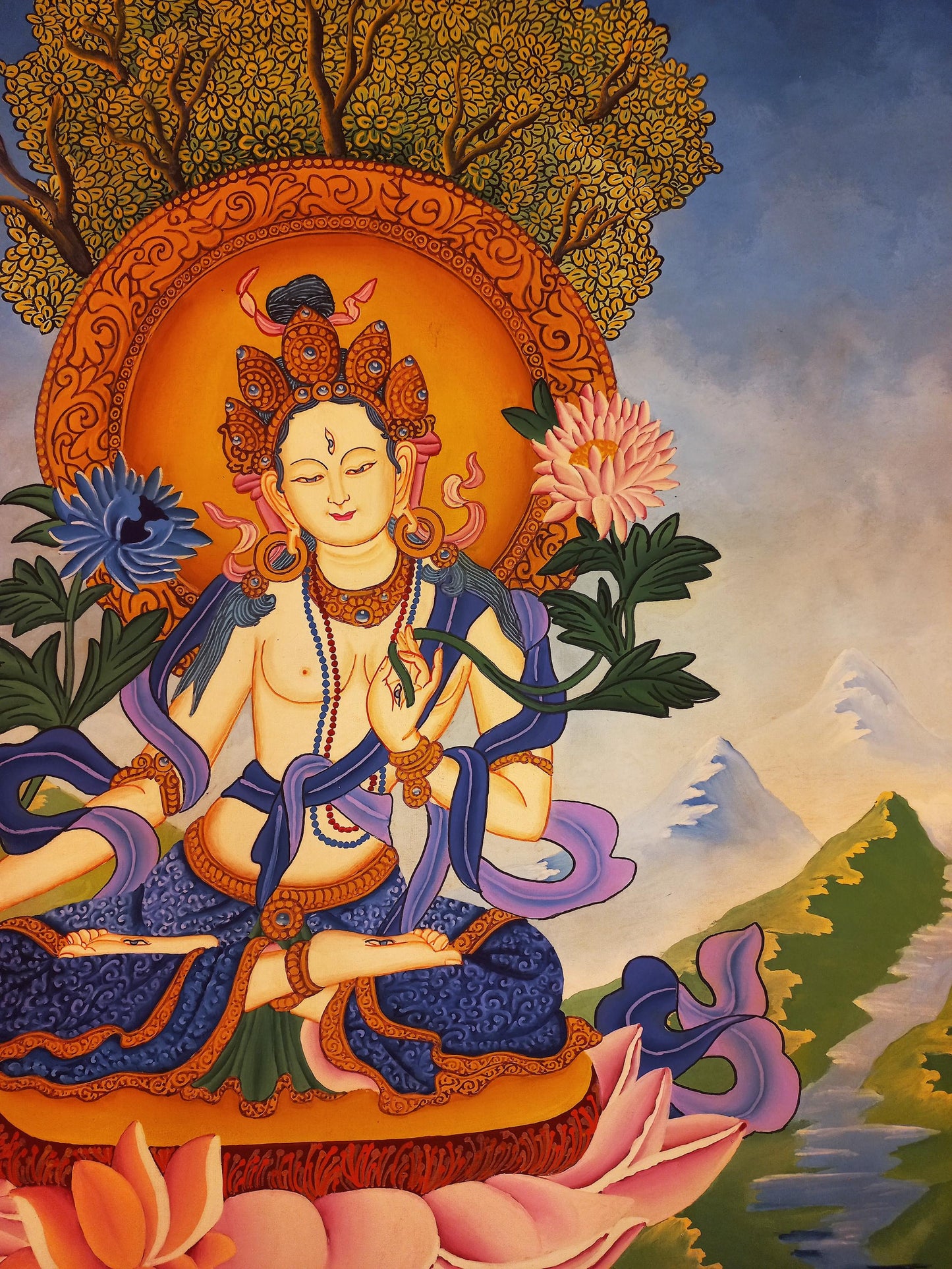 Hand-Painted White Tara Thangka: Newari Buddhist Art from Nepal