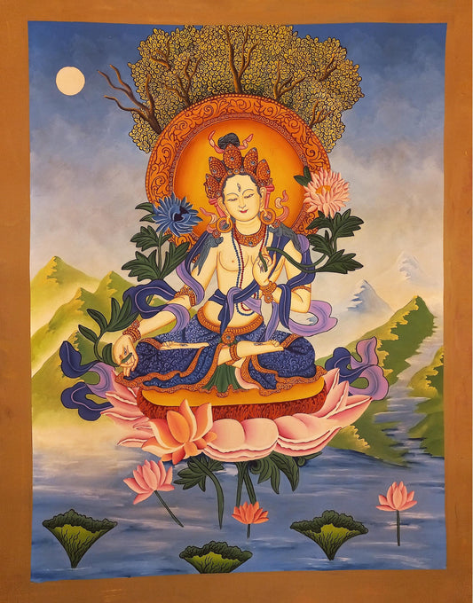 Hand-Painted White Tara Thangka: Newari Buddhist Art from Nepal