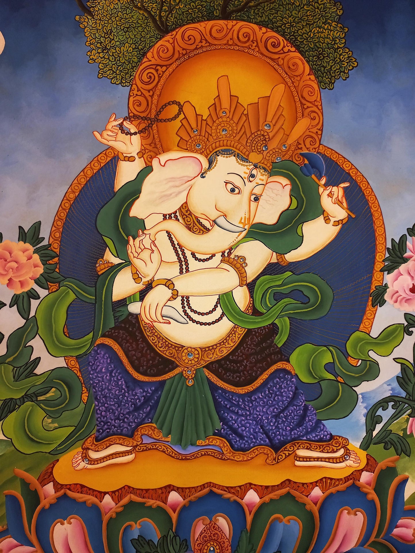 Hand-Painted Newari Ganesha Painting, Smoky Paubha Art on Cotton Canvas