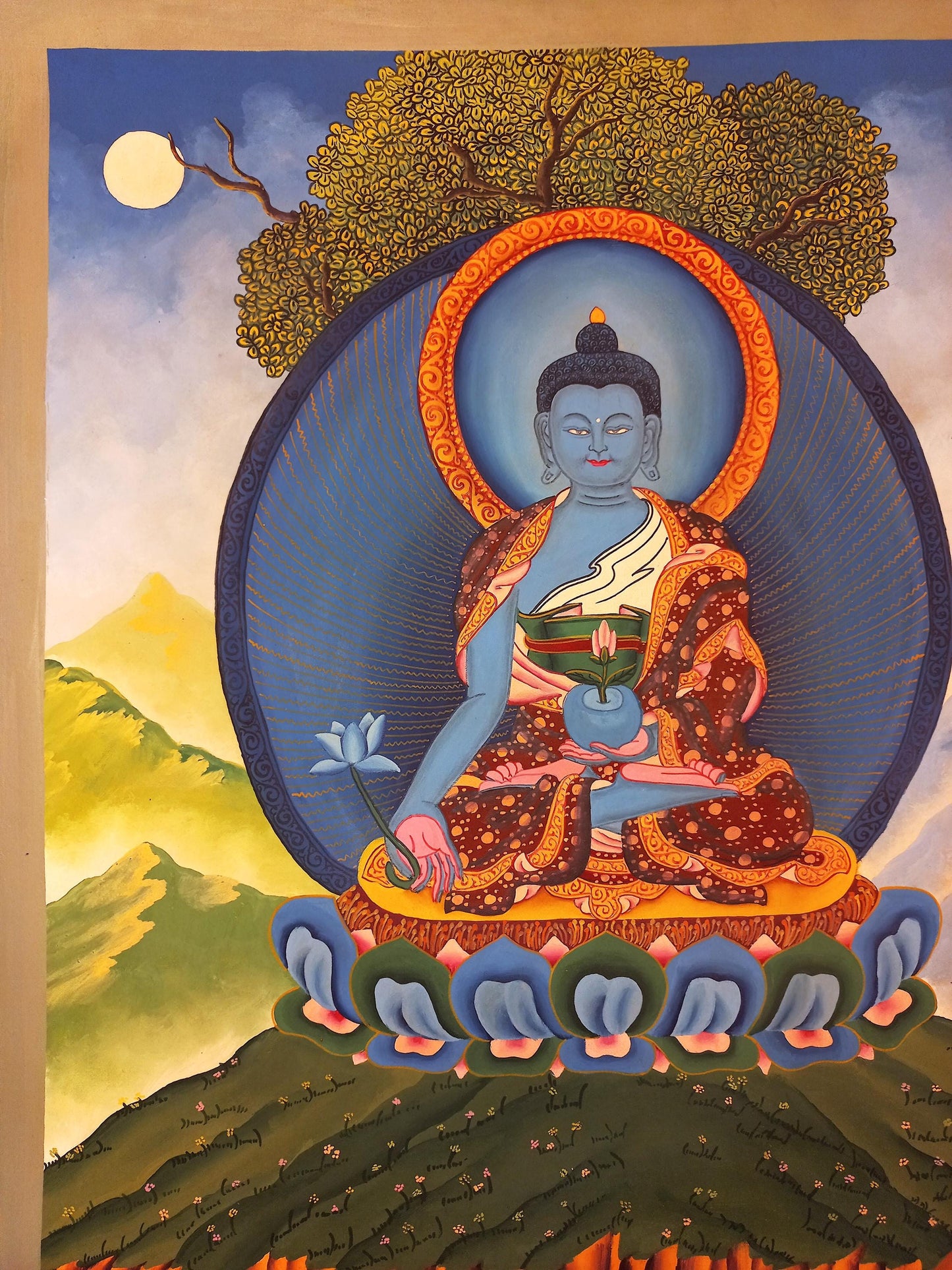 Hand-Painted Smoky Medicine Buddha Thangka | Bhaisajyaguru Tibetan Healing Art | Buddhist Painting