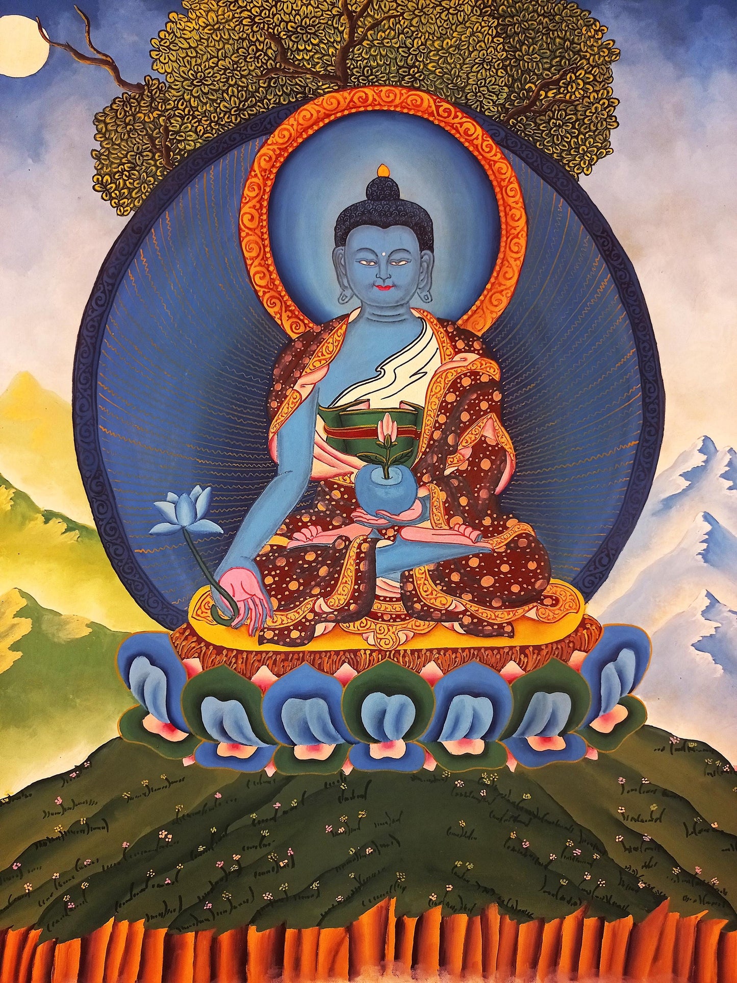 Hand-Painted Smoky Medicine Buddha Thangka | Bhaisajyaguru Tibetan Healing Art | Buddhist Painting