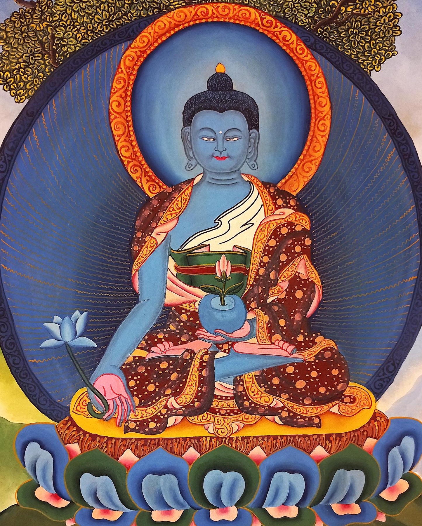 Hand-Painted Smoky Medicine Buddha Thangka | Bhaisajyaguru Tibetan Healing Art | Buddhist Painting