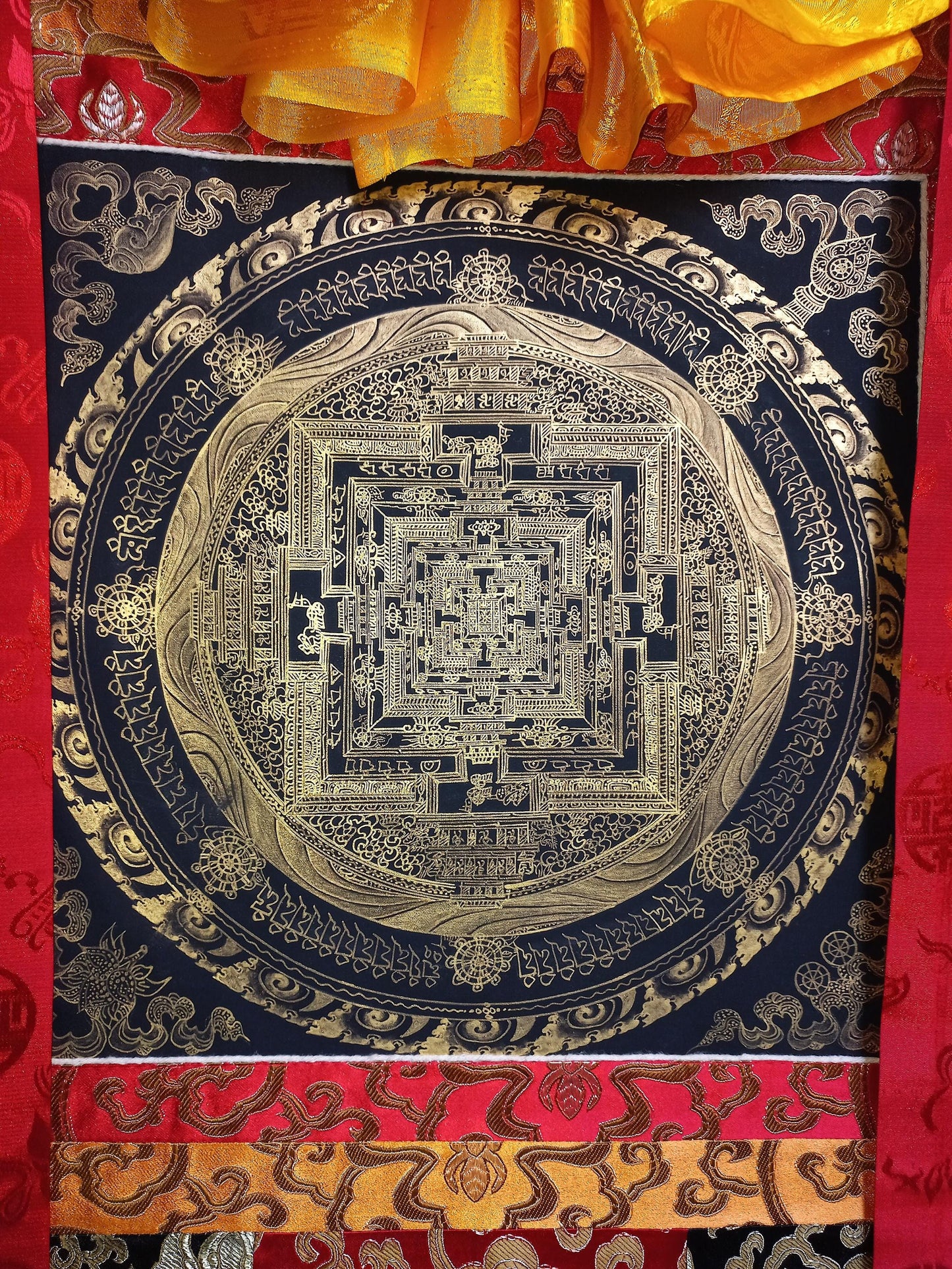 Hand Painted Kalachakra Mandala, Wheel of Life Thanka with Silk Brocade