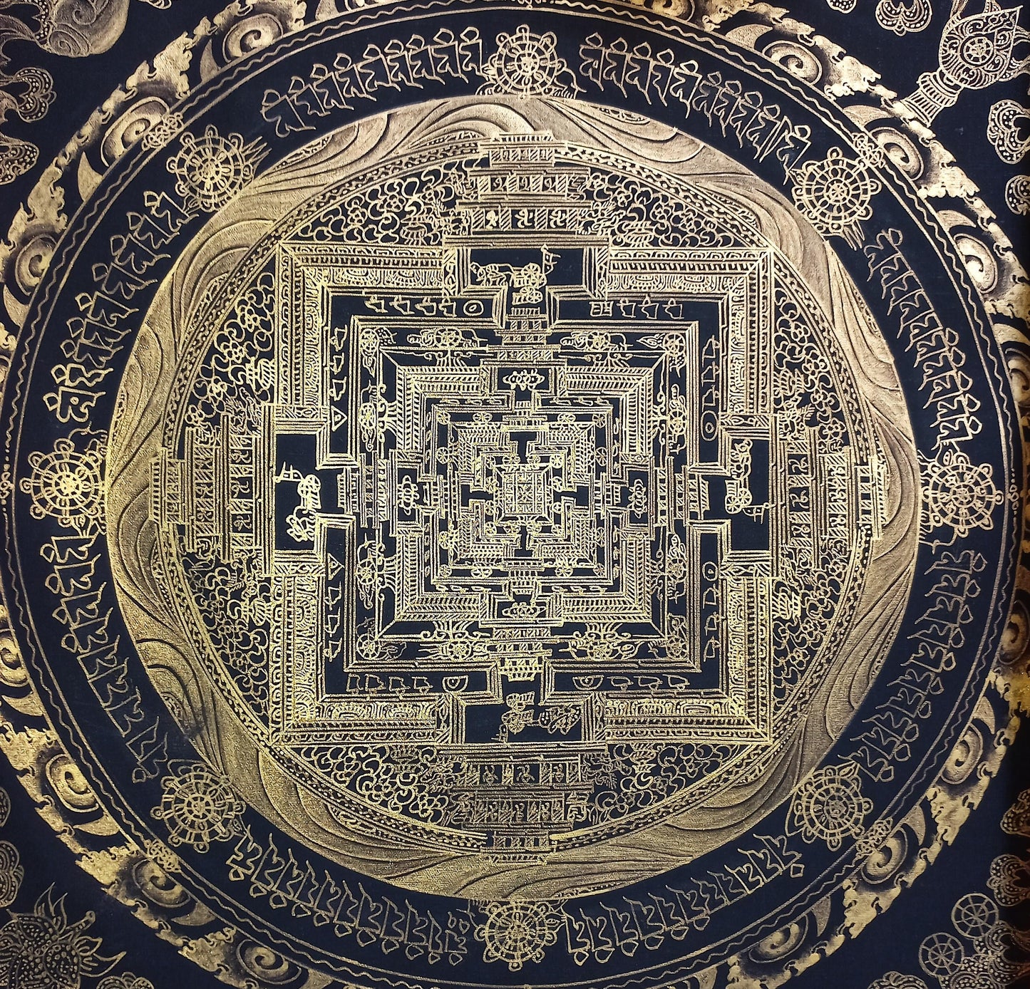 Hand Painted Kalachakra Mandala, Wheel of Life Thanka with Silk Brocade