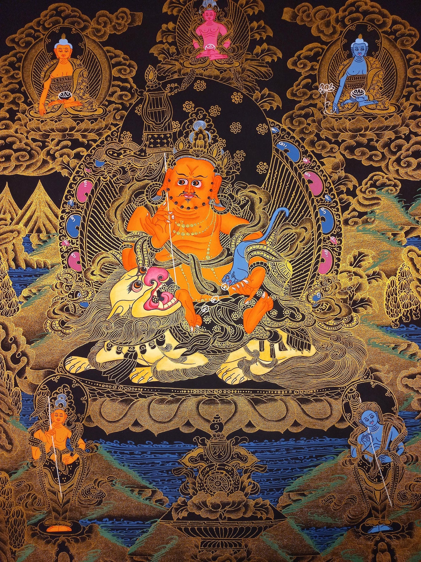 Hand Painted Kubera Thangka, Jambhala God of Wealth, Tibetan Art