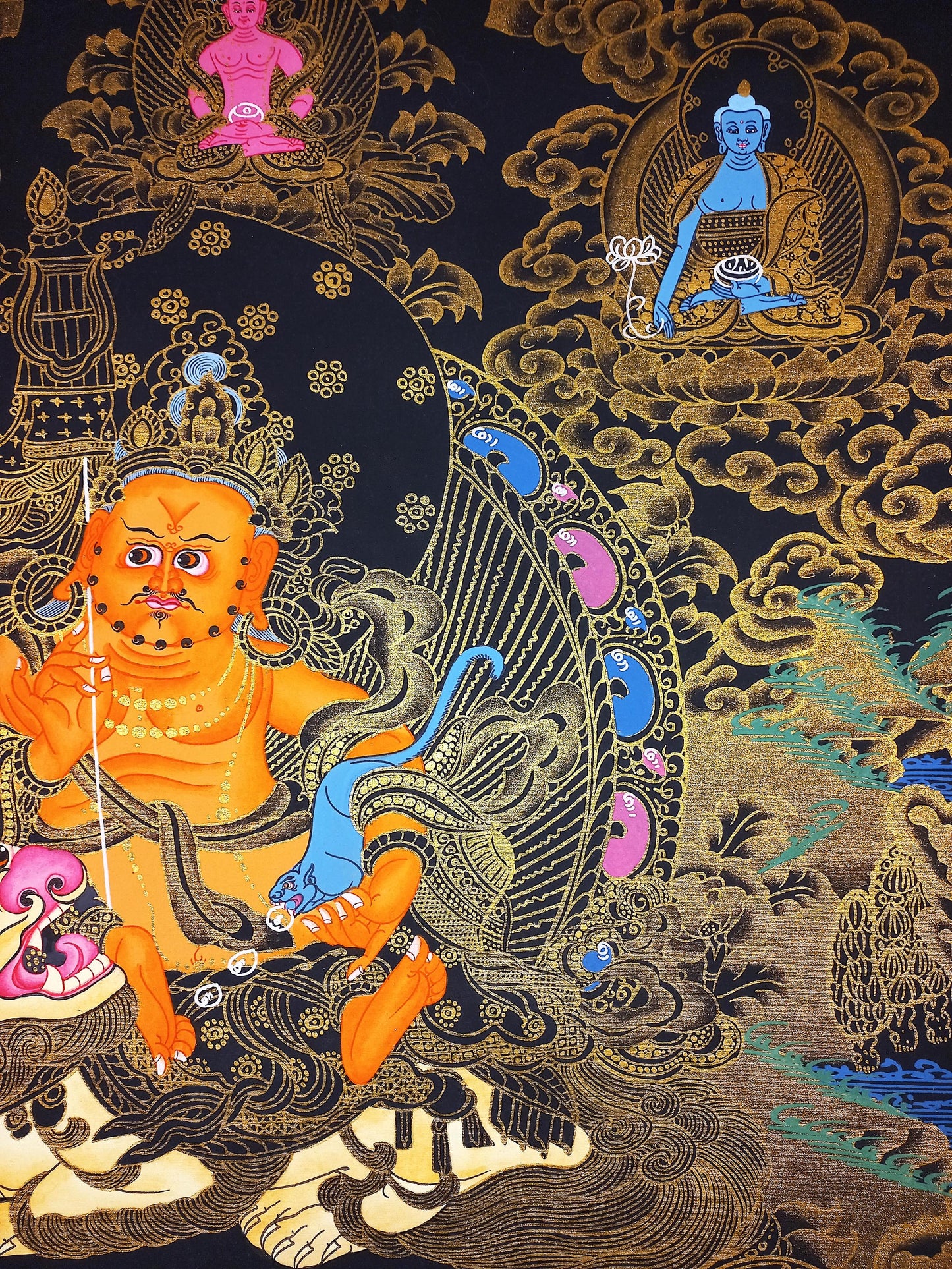 Hand Painted Kubera Thangka, Jambhala God of Wealth, Tibetan Art