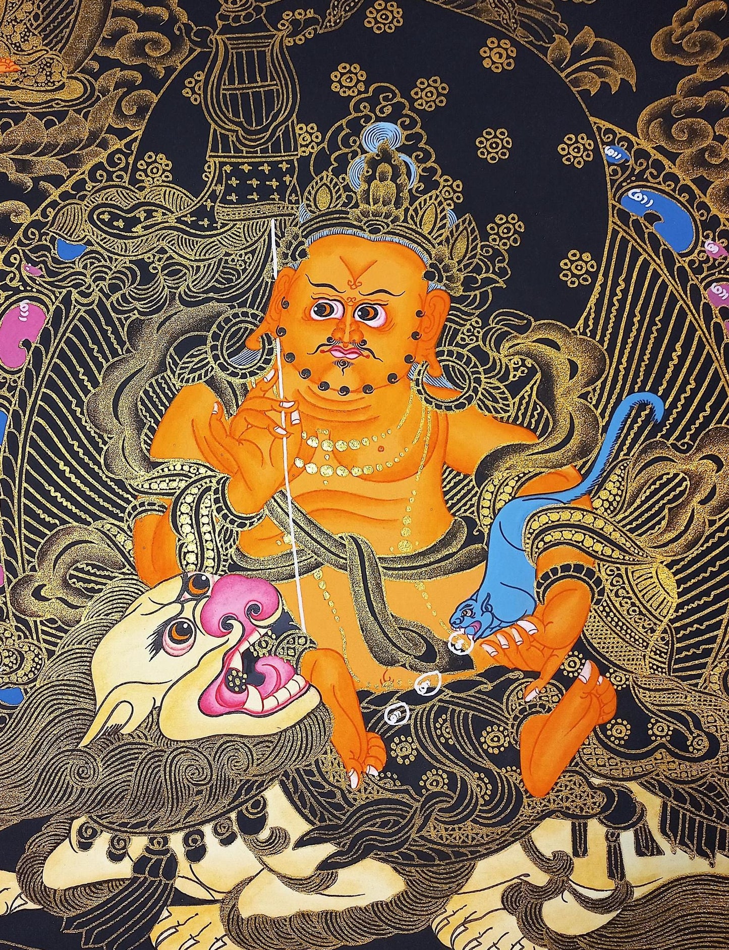 Hand Painted Kubera Thangka, Jambhala God of Wealth, Tibetan Art