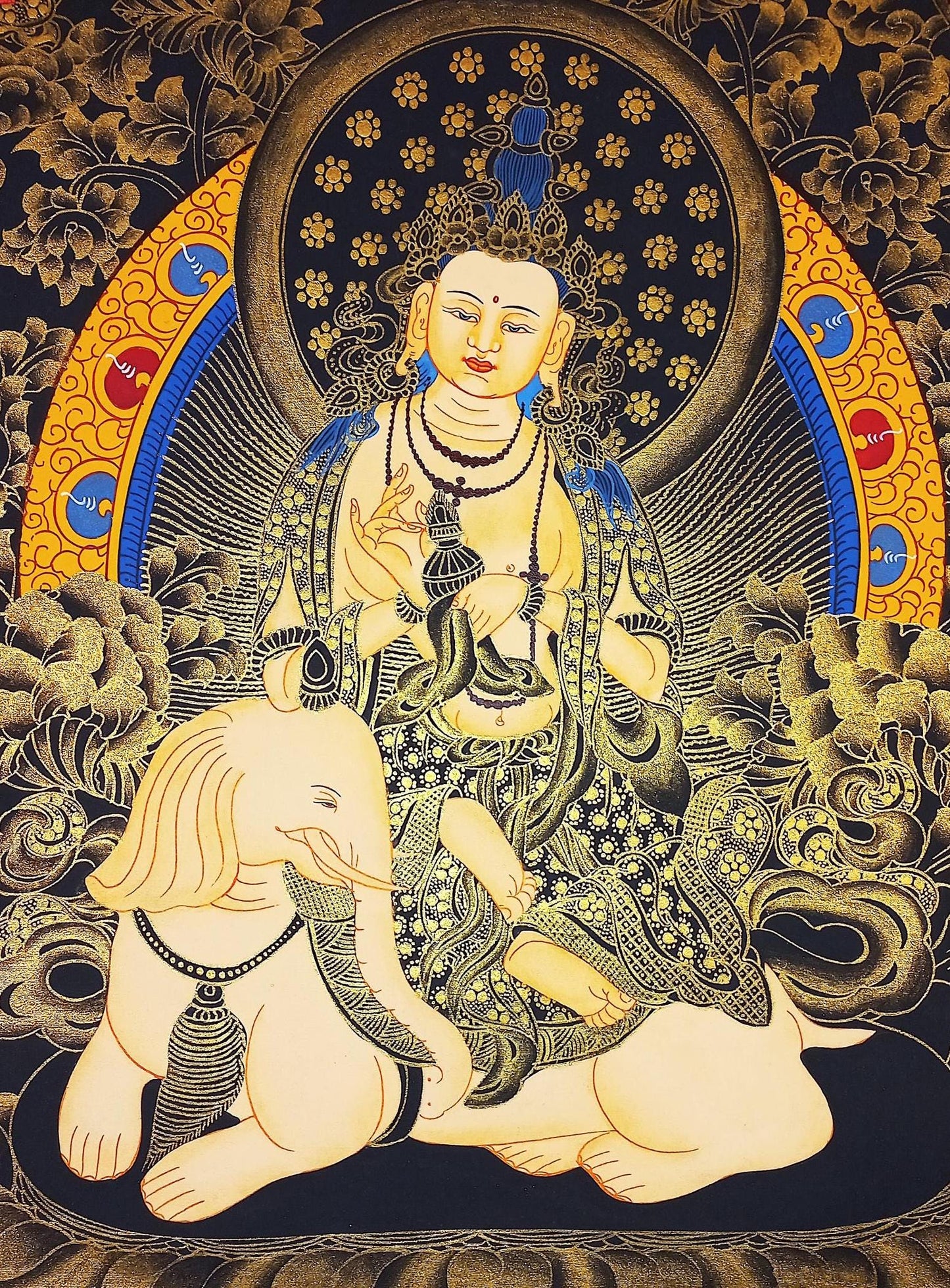 Hand-Painted Pu Xian Thangka: Kindness Buddha Tibetan Painting