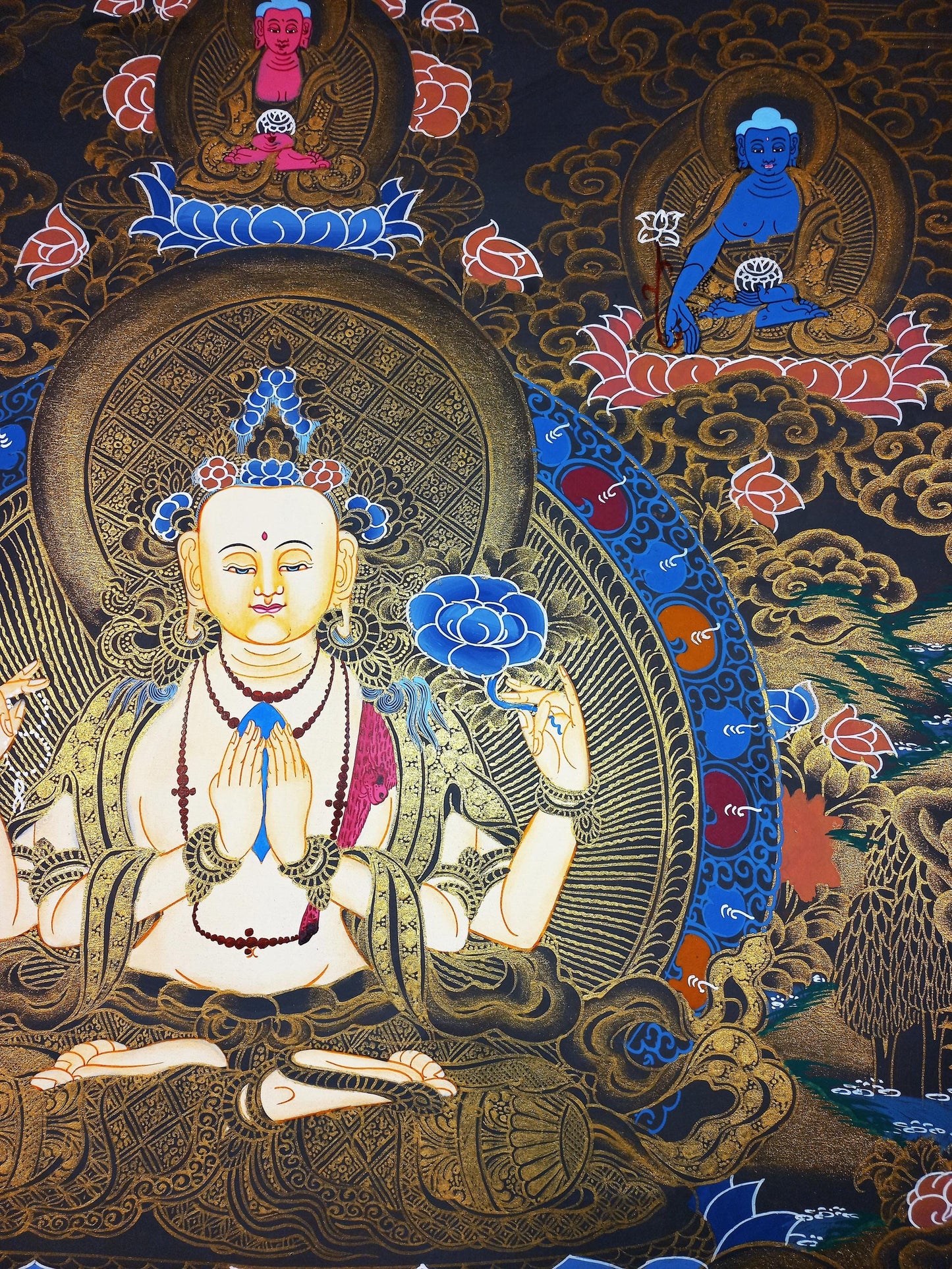 Hand-Painted Chenrezig Thangka: Avalokiteshvara Compassion Buddha Art (18x24)