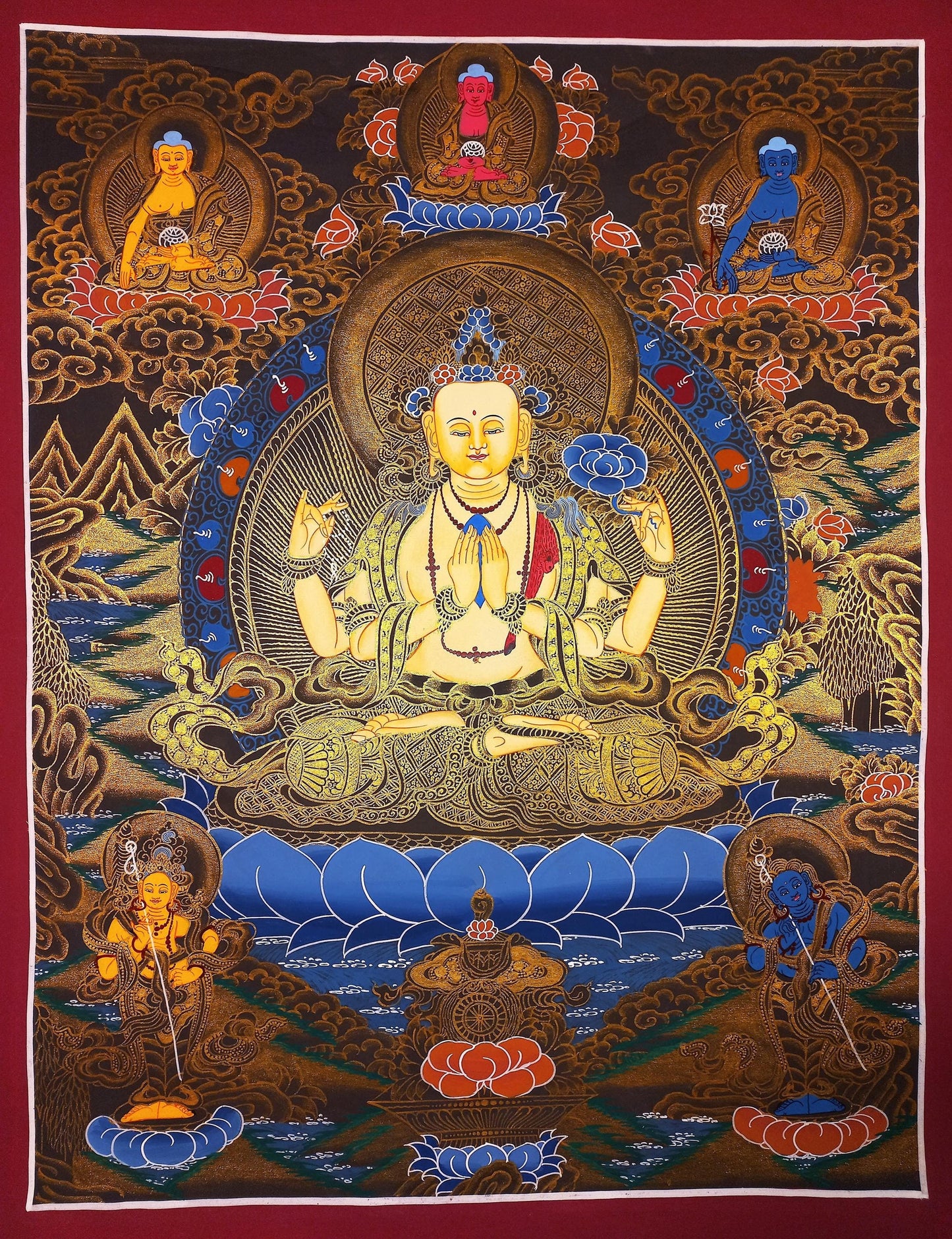 Hand-Painted Chenrezig Thangka: Avalokiteshvara Compassion Buddha Art (18x24)