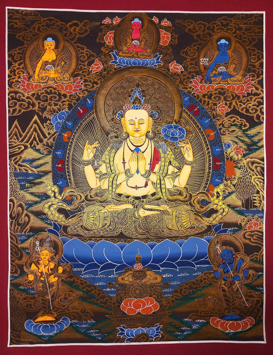 Hand-Painted Chenrezig Thangka: Avalokiteshvara Compassion Buddha Art (18x24)