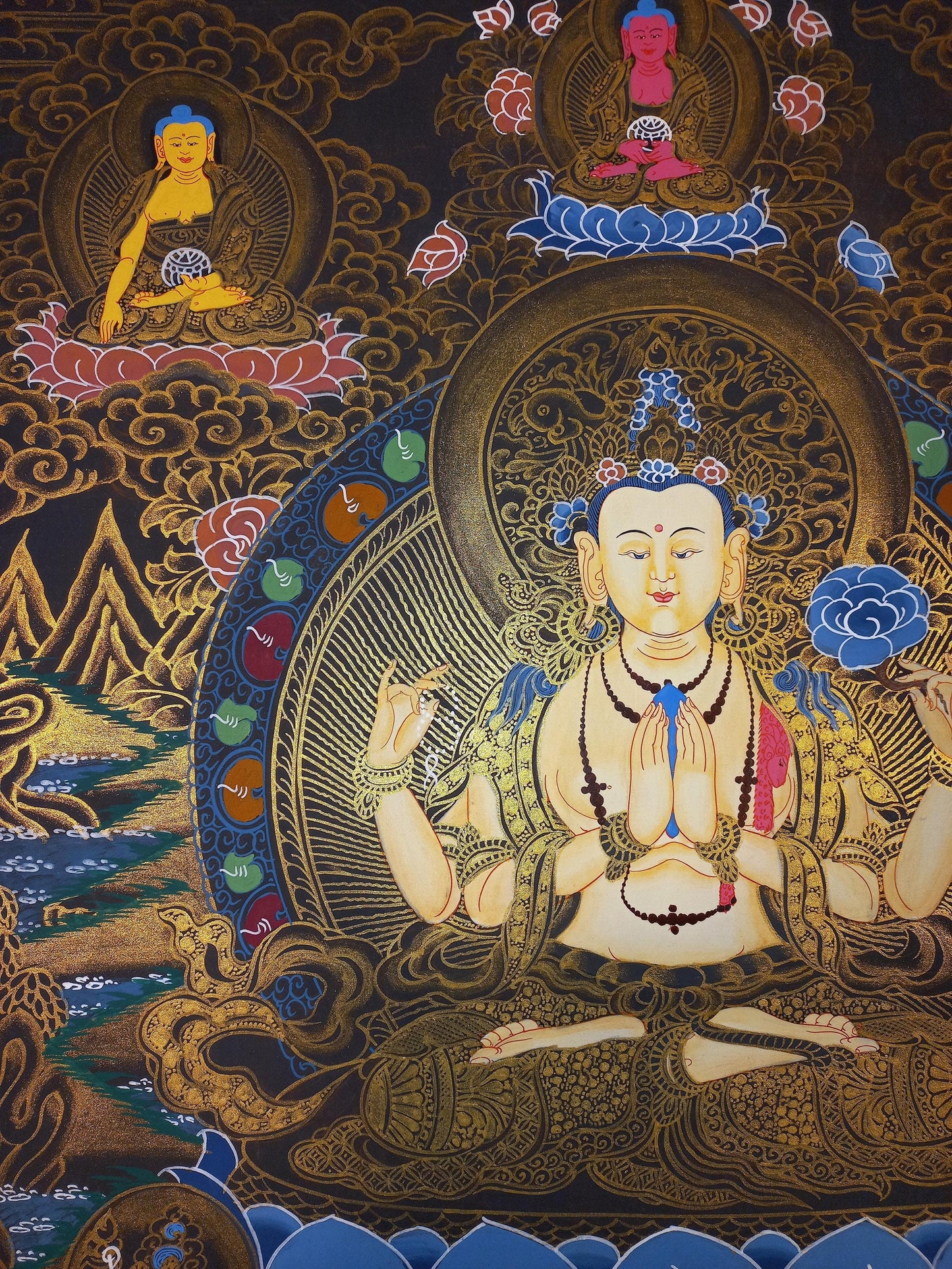Hand-Painted Chenrezig Thangka: Avalokiteshvara Bodhisattva, Tibetan Art