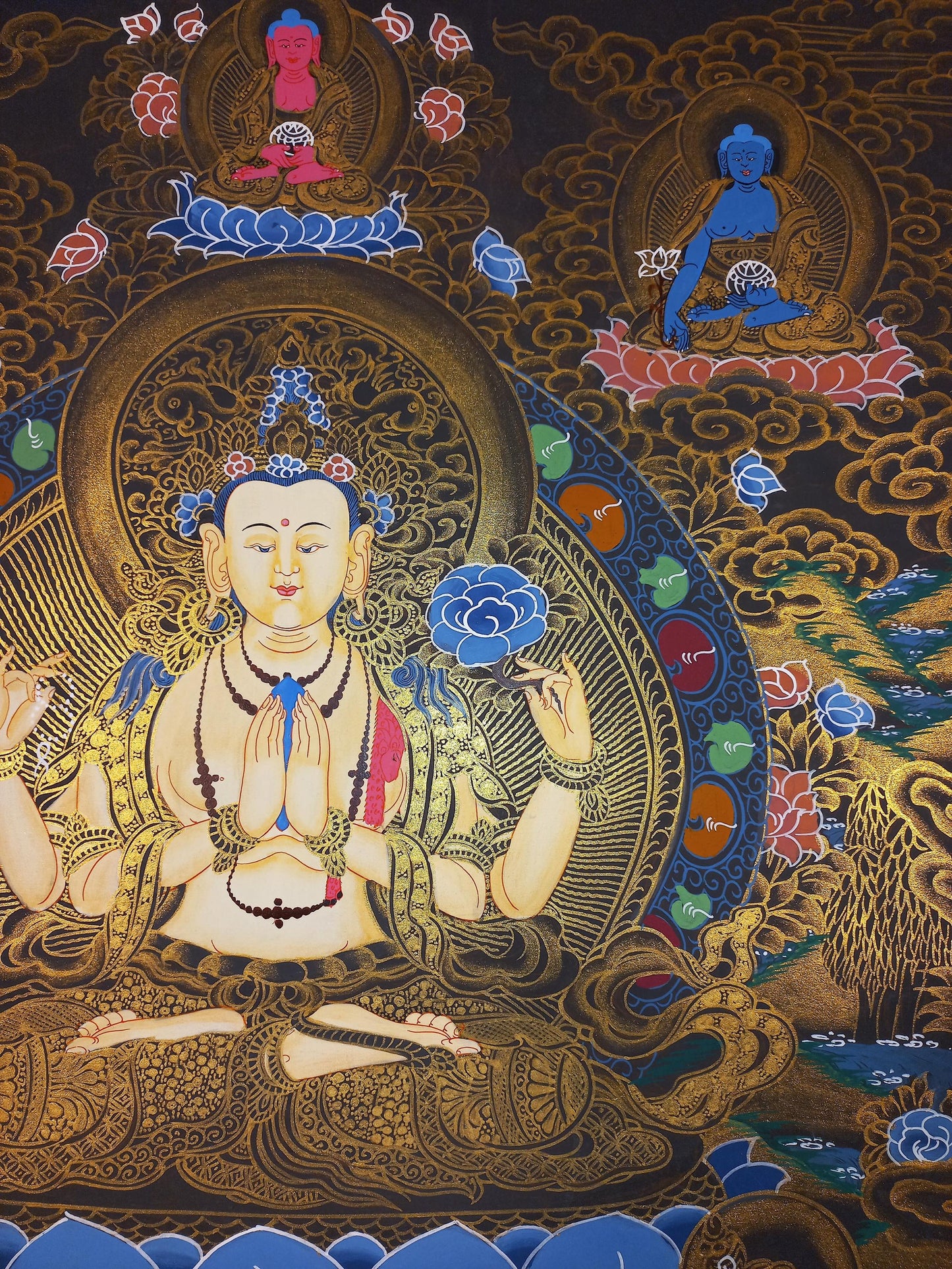 Hand-Painted Chenrezig Thangka: Avalokiteshvara Bodhisattva, Tibetan Art