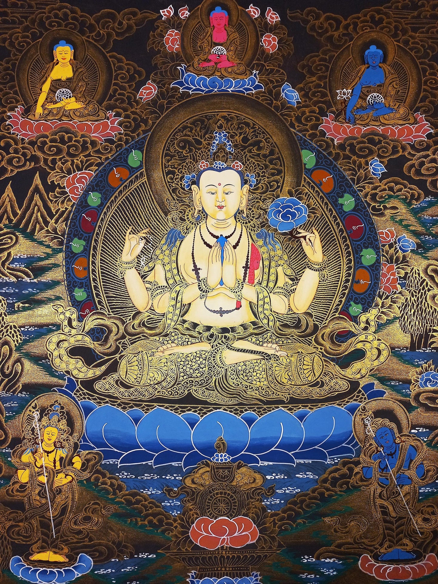 Hand-Painted Chenrezig Thangka: Avalokiteshvara Bodhisattva, Tibetan Art