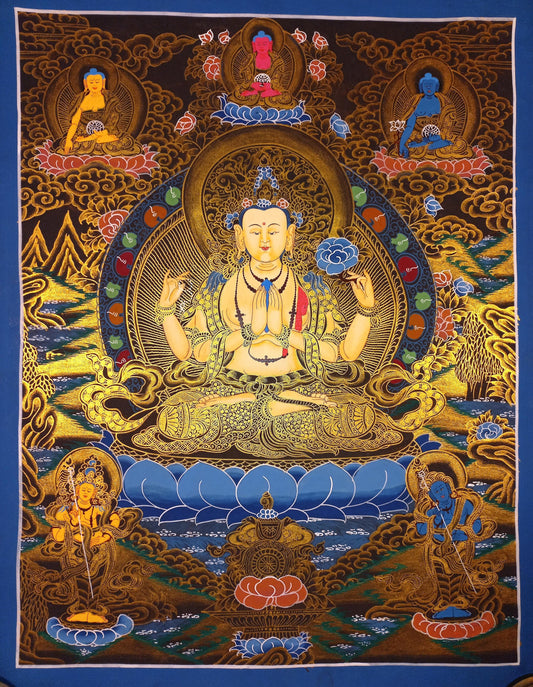 Hand-Painted Chenrezig Thangka: Avalokiteshvara Bodhisattva, Tibetan Art