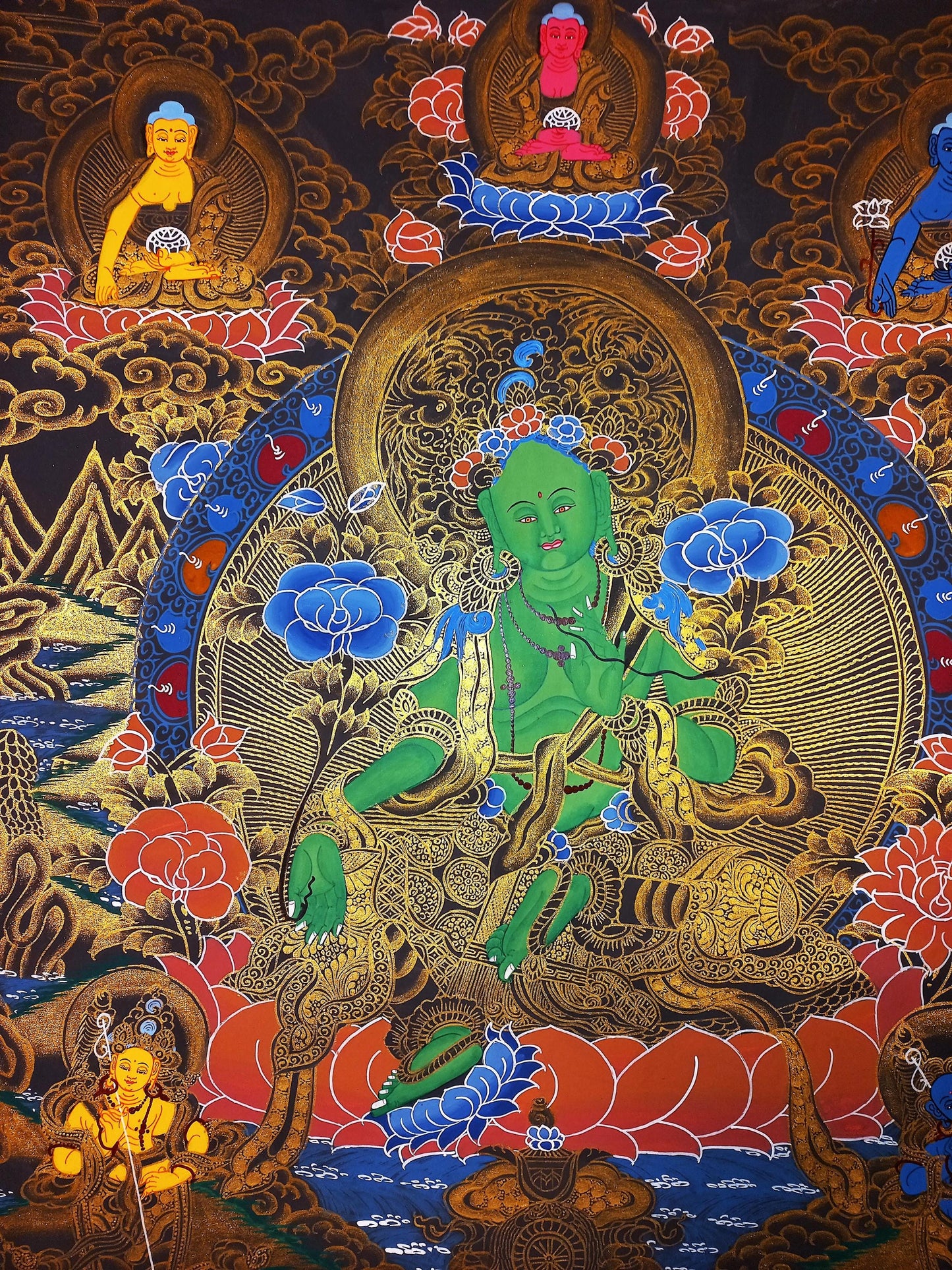 Green Tara Thangka Painting: Hand-painted Tibetan Meditation Art (18x24 Inch)
