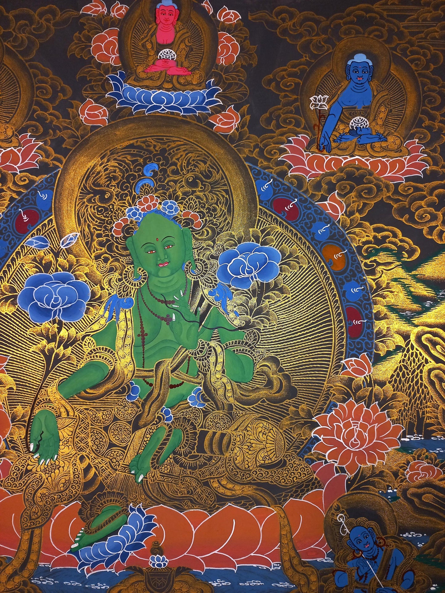 Green Tara Thangka Painting: Hand-painted Tibetan Meditation Art (18x24 Inch)