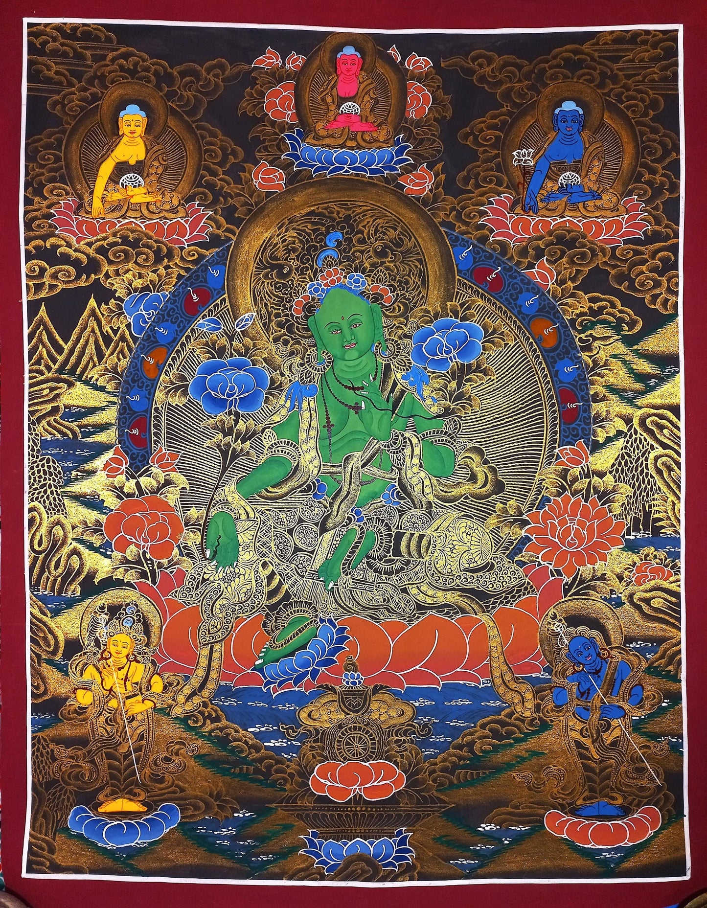 Green Tara Thangka Painting: Hand-painted Tibetan Meditation Art (18x24 Inch)
