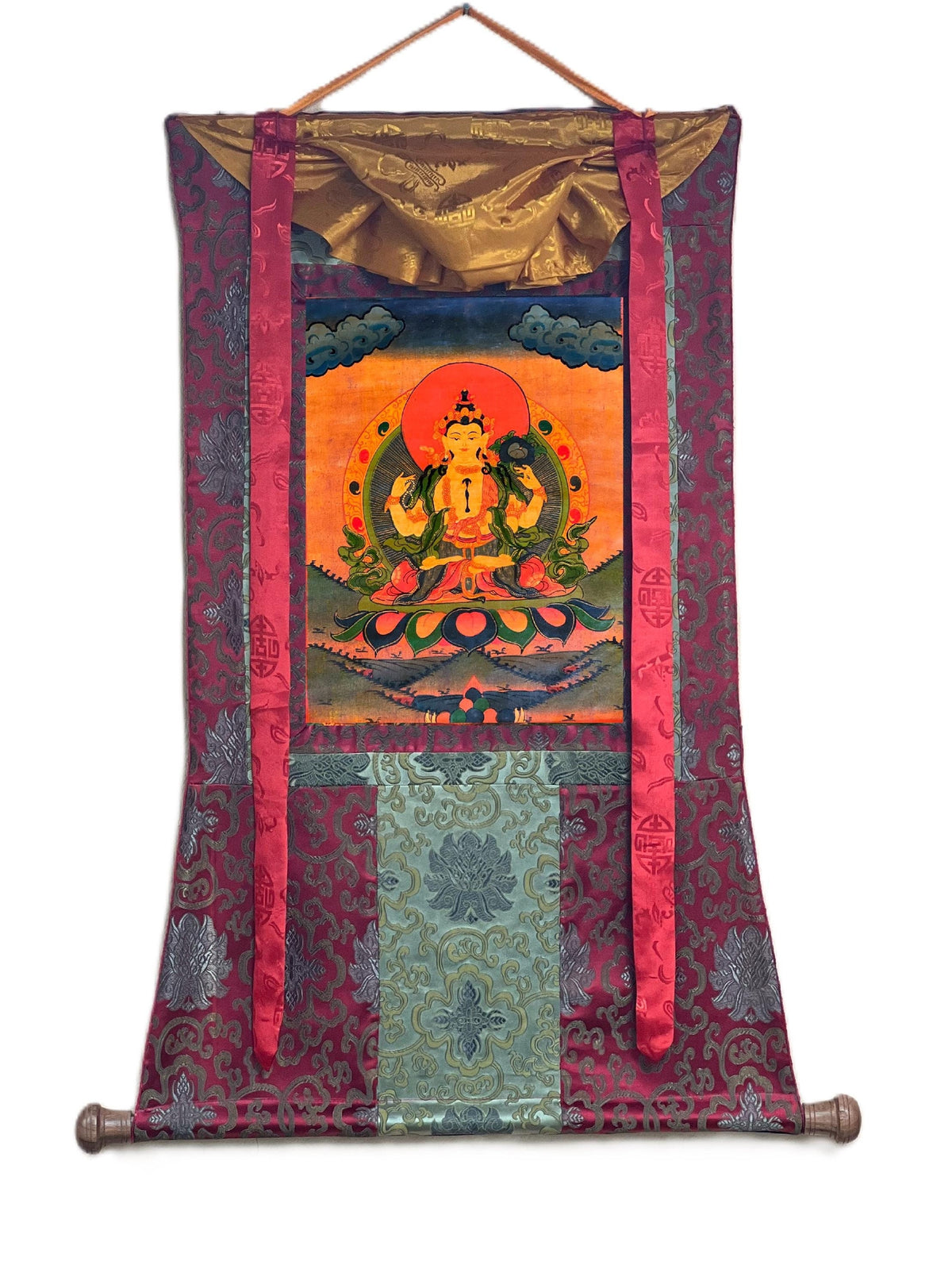 Chenrezig Thangka Painting, Avalokiteshvara Bodhisattva, Silk Brocade